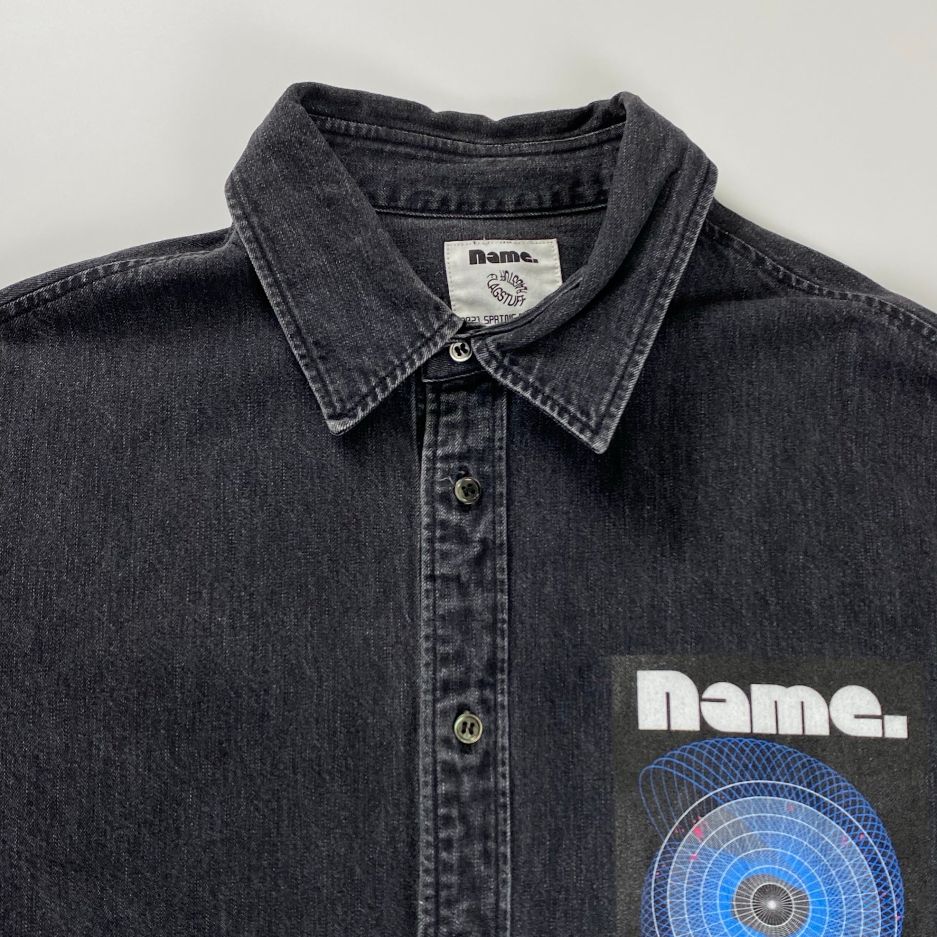 name. × FLAGSTAFF ネーム フラグスタフ / DENIM SHIRT コラボ グラフィックプリント デニムシャツ ブラック 参考定価：33,000+tax SIZE:2(FREE SIZE)
