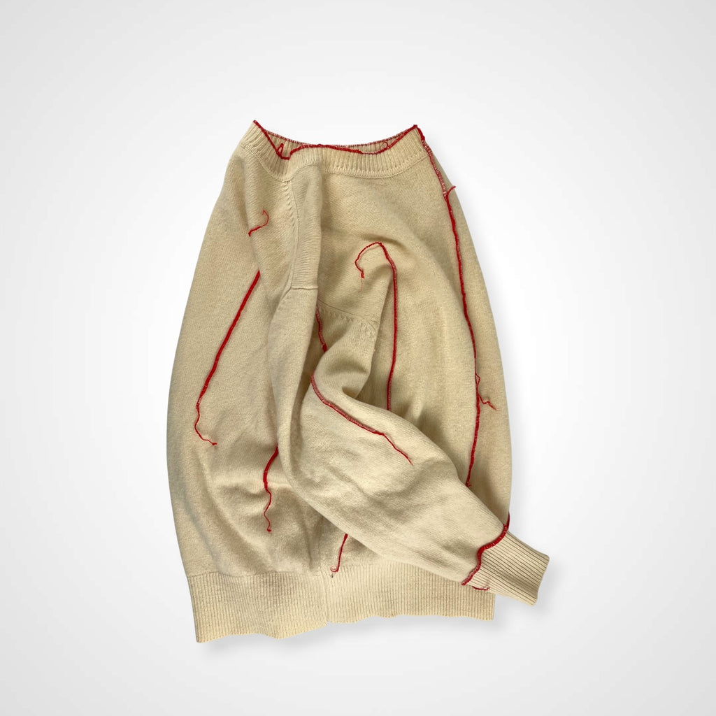 papas パパス /VINTAGE シームデザインラムウールニット オフホワイト×レッド SIZE：FREE