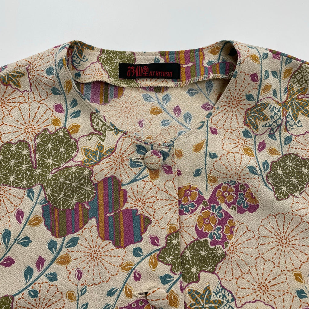 詩仙堂 / ちりめんノーカラージャケット 植物文様 日本製 参考定価：30,000程度 SIZE:FREE
