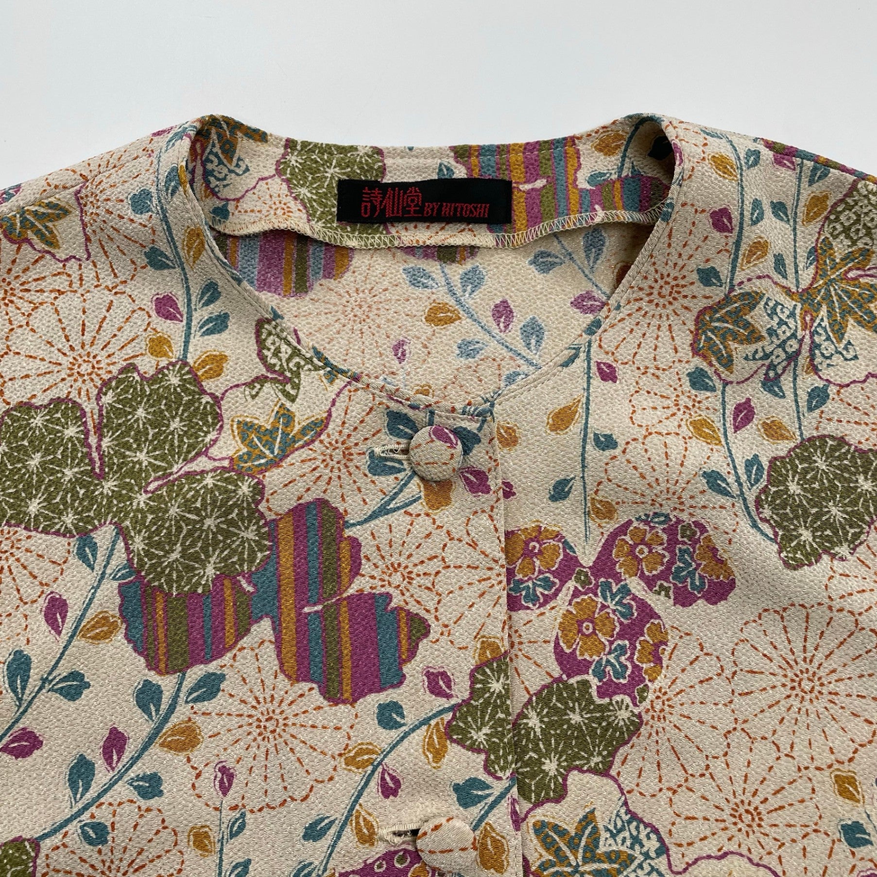 詩仙堂 / ちりめんノーカラージャケット 植物文様 日本製 参考定価：30,000程度 SIZE:FREE