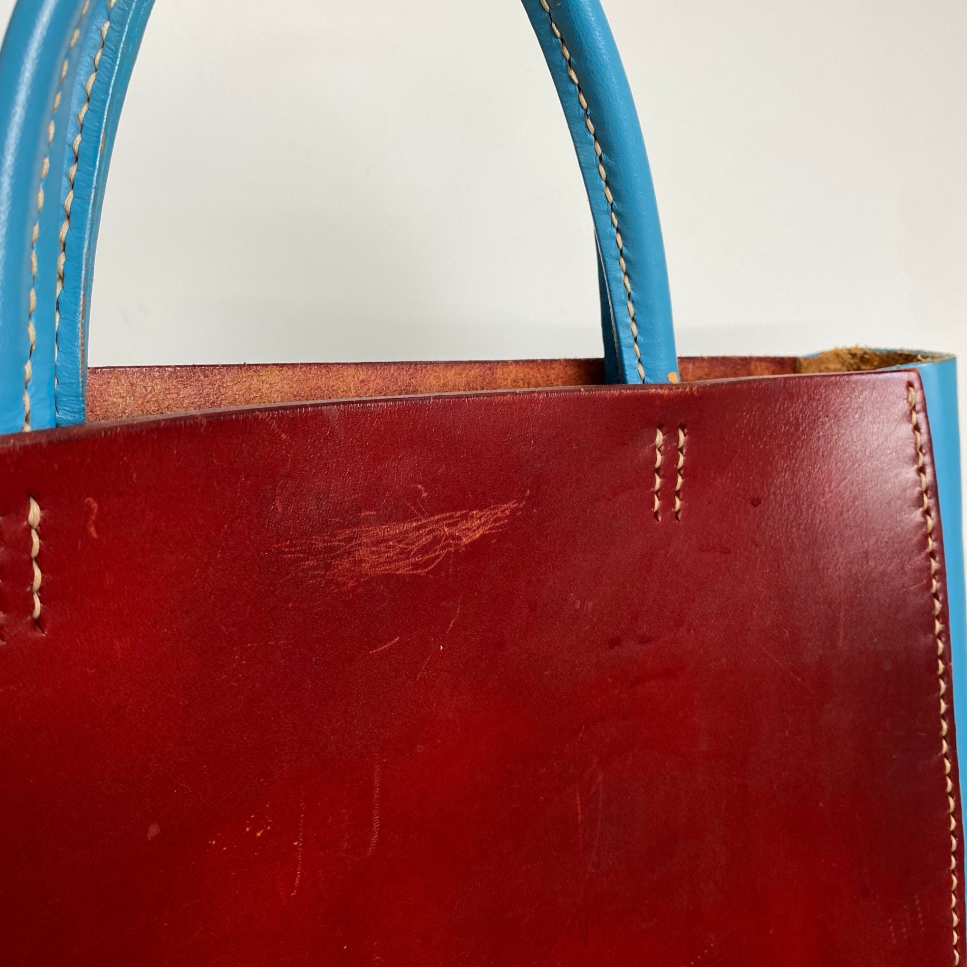 レザークラフト / レザーハンドバッグ バーガンディ×ターコイズブルー