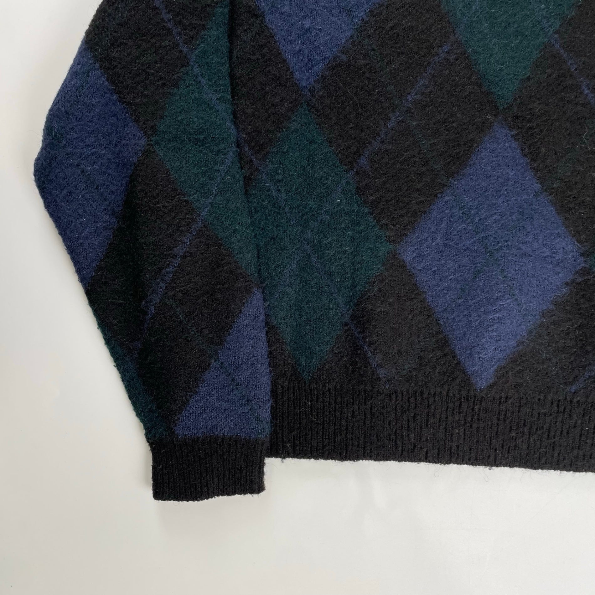 Gymphlex ジムフレックス / モヘヤMIXアーガイルVネック ネイビー×グリーン×ブラック 参考定価：16,000程度 SIZE：12