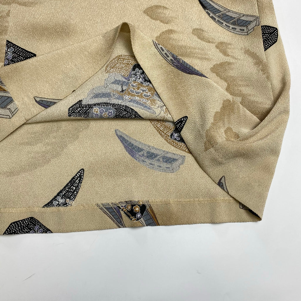 詩仙堂 BY HITOSHI TAMURA / 日本画 舟柄 ちりめん ワンピース くるみボタン 日本製 参考定価：35,000程度