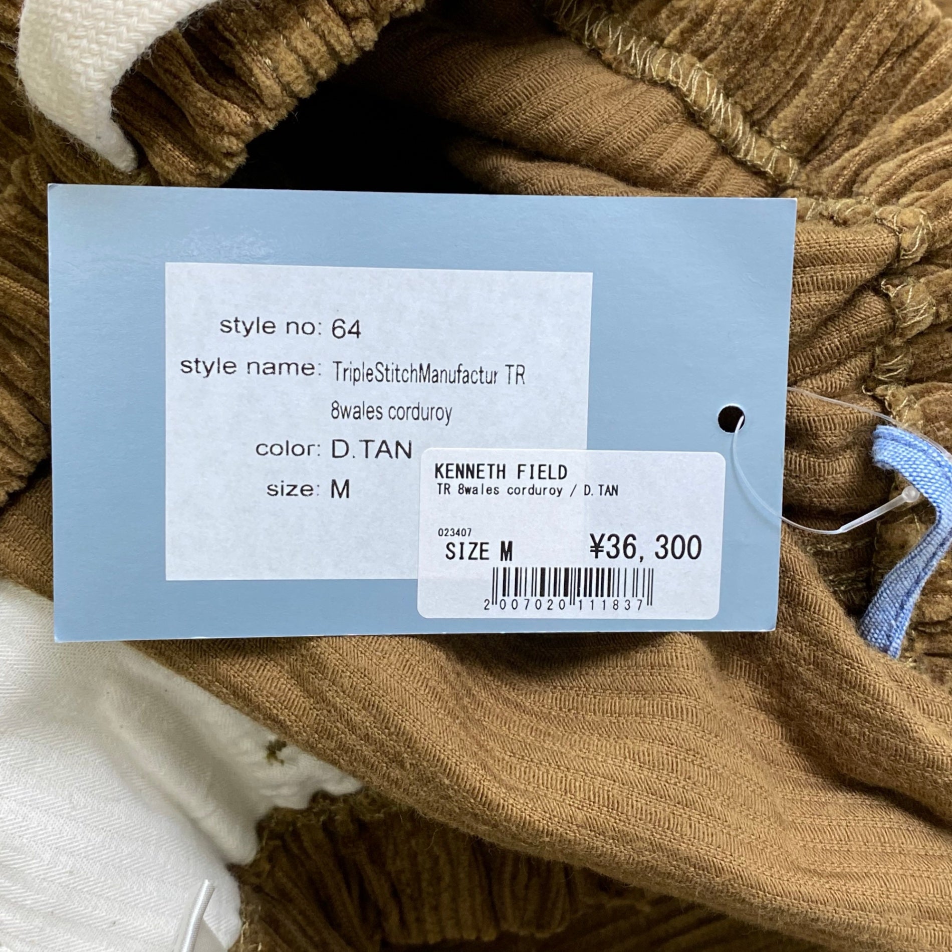 KENNETH FIELD ケネス フィールド / Triple Stitch Manufactur TR 8wales corduroy タグ付 参考定価：33,000+tax SIZE:M
