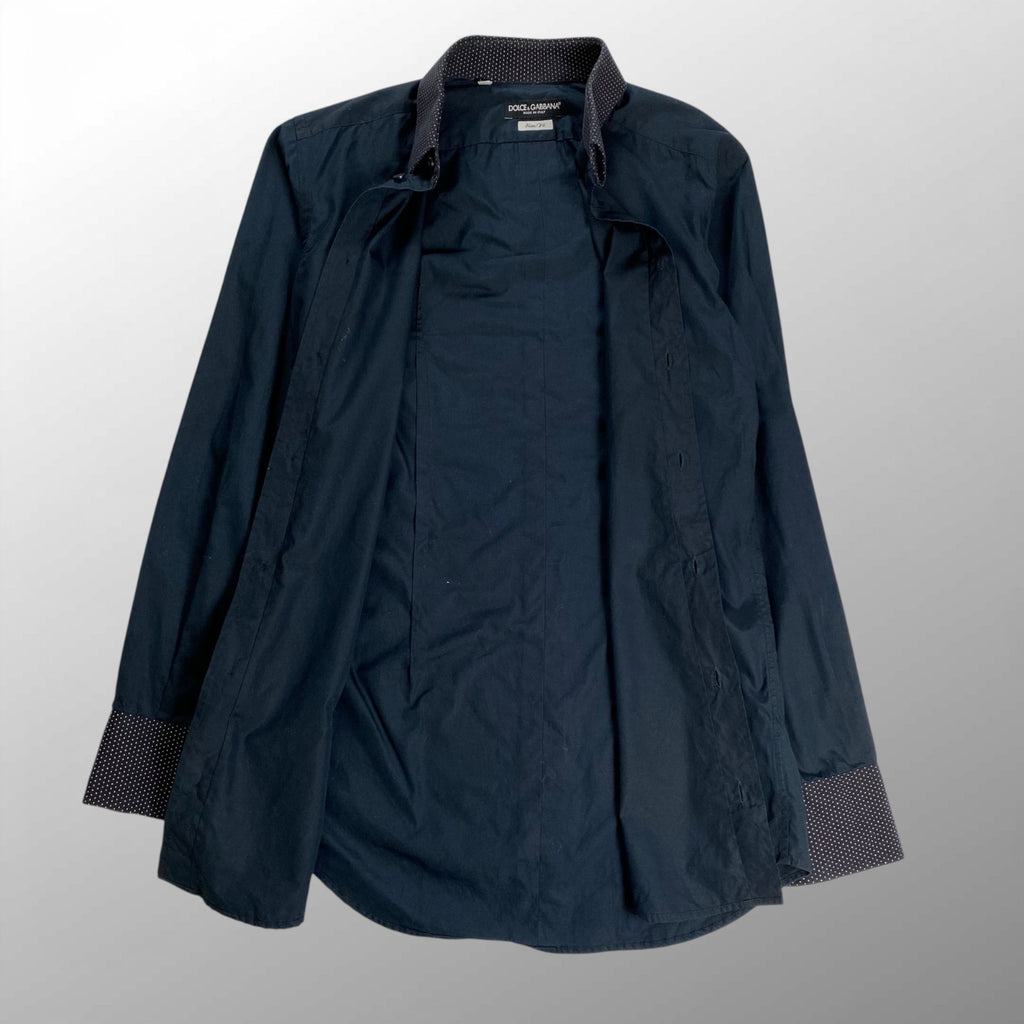 DOLCE＆GABBANA ドルチェ＆ガッバーナ / ブラックシャツ ドット柄 DGプレート MADE IN ITALY SIZE：38(M程度)