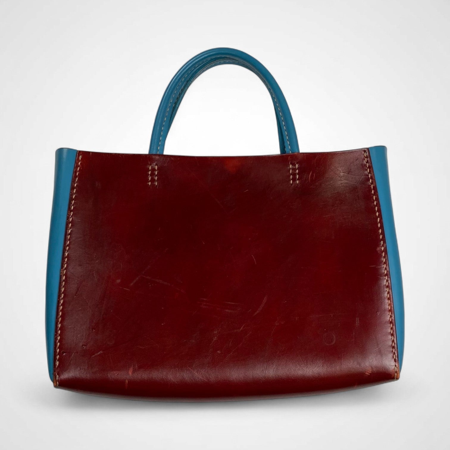 レザークラフト / レザーハンドバッグ バーガンディ×ターコイズブルー