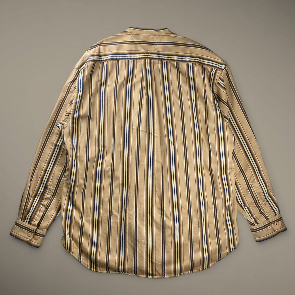 90s OLD TOMMY HILFIGER トミーヒルフィガー / ストライプ  ビッグシルエットシャツ ノーカラー バンドカラー エンブレム  SIZE：L（XXL程度）