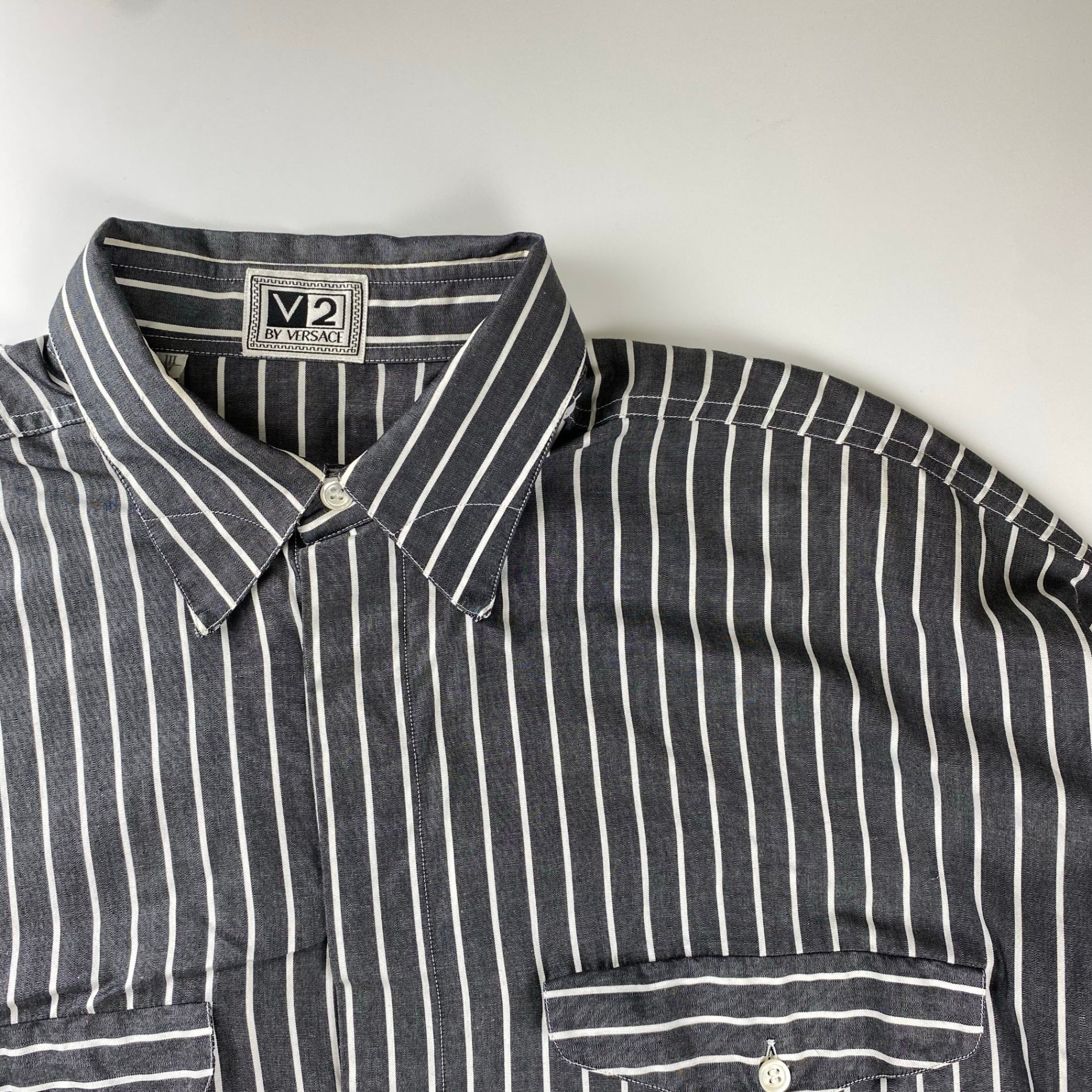 V2 BY VERSACE ベルサーチ ベルサーチェ ヴィンテージ / ストライプ シャツ ボタンダウン ビッグシルエット SIZE：M（XL程度）