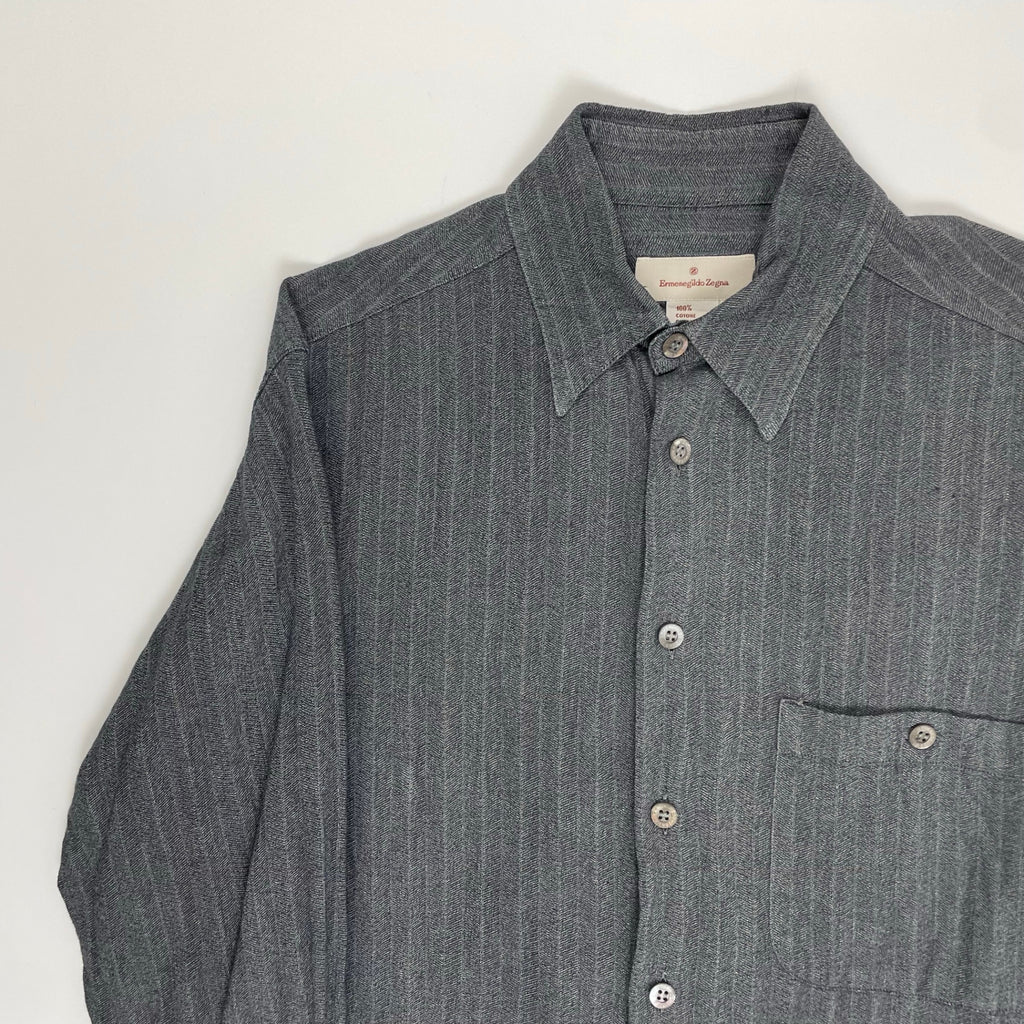 Ermenegildo Zegna エルメネジルドゼニア / コットンヘリンボーンシャツ 貝ボタン SIZE:S
