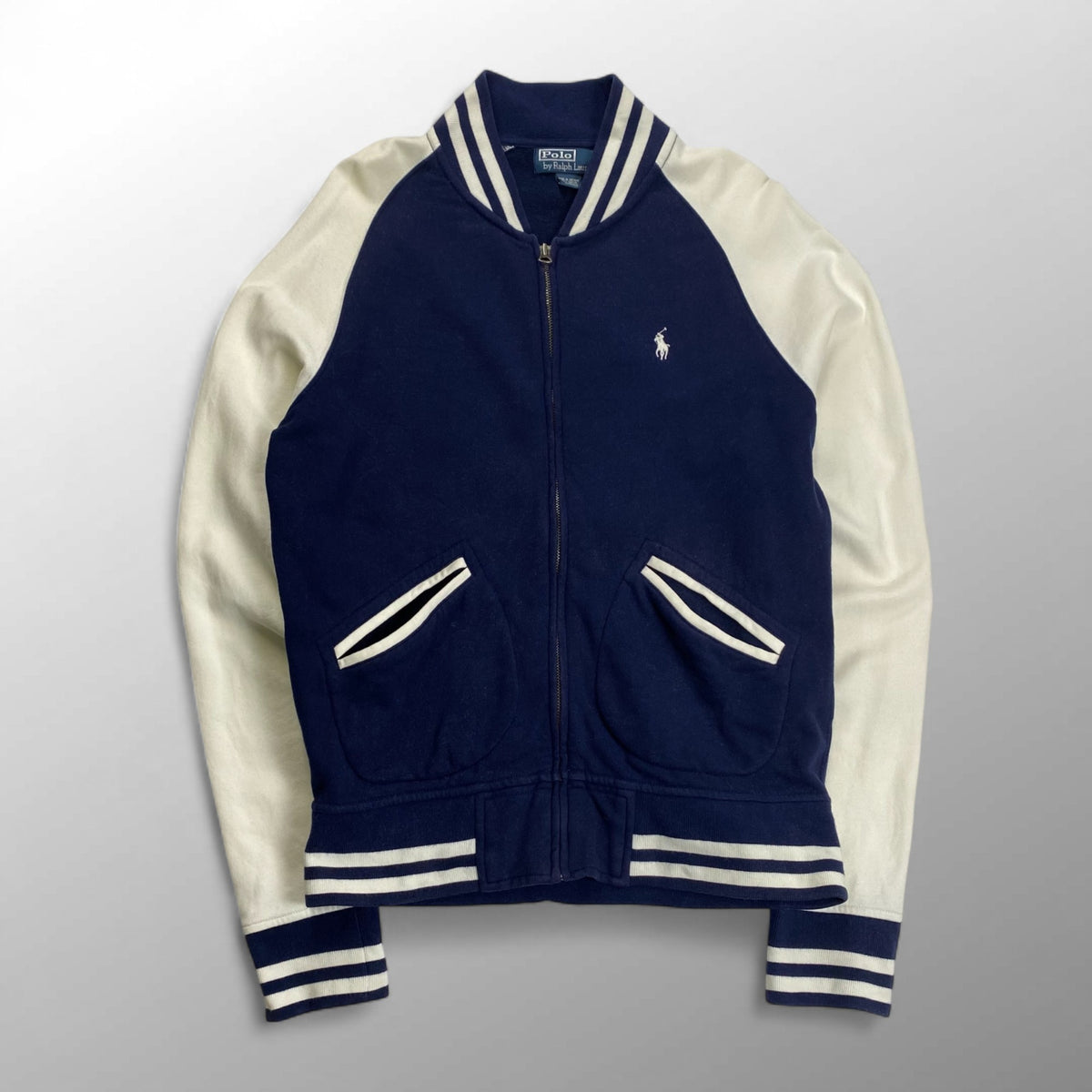 Polo by Ralph Lauren ポロ バイ ラルフローレン / 90s ジップアップスタジャン スウェットジャケット ネイビー×ホワイト CONMARジップ SIZE:S