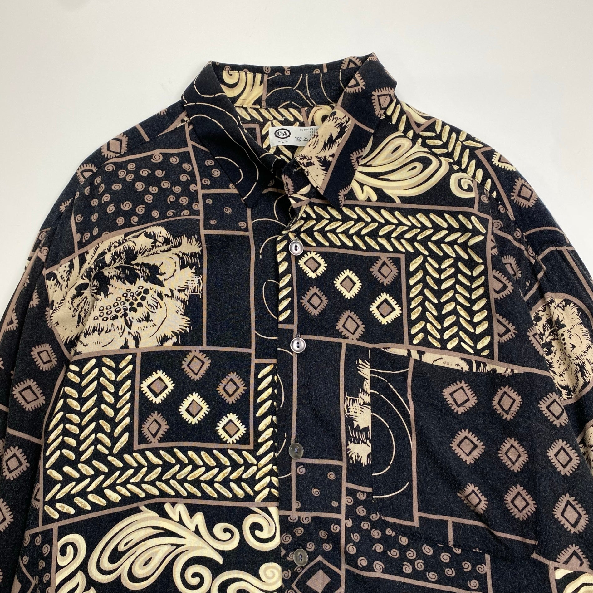 VINTAGE ヴィンテージ / レーヨン マルチプリントシャツ ブラック SIZE:L