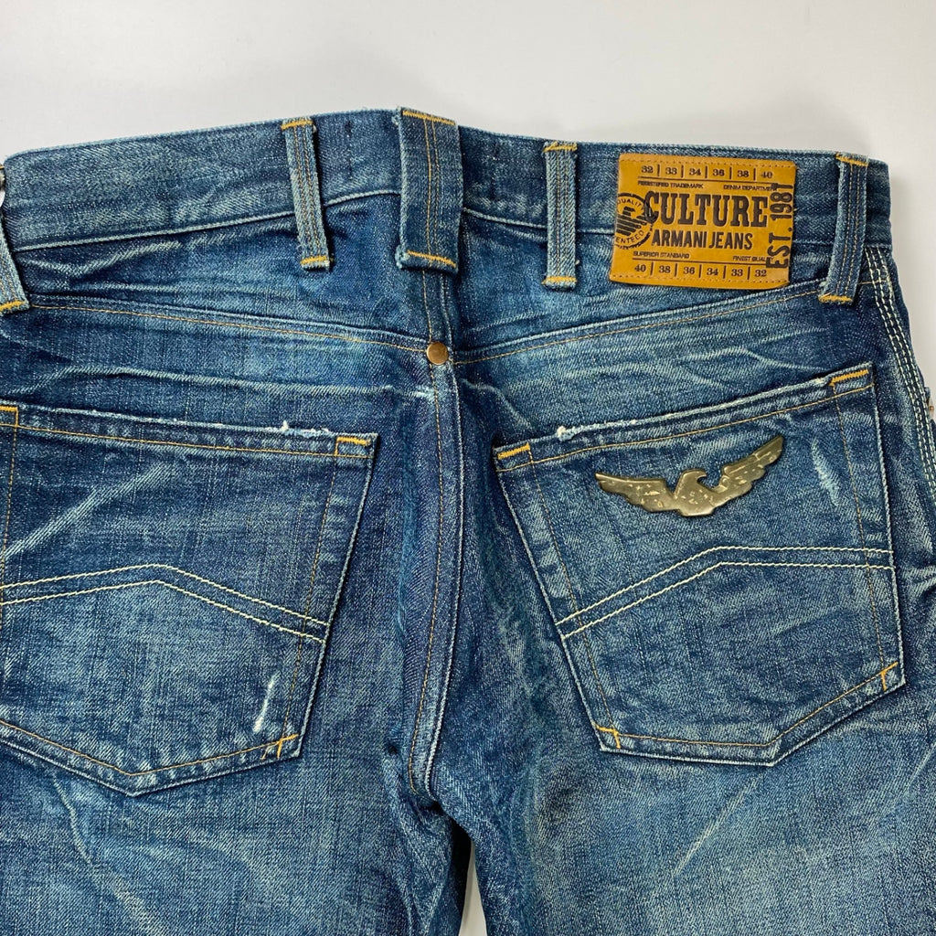 【プレミアム】 ARMANI JEANS DENIM CULTURE アルマーニジーンズ デニムカルチャー / ダメージ加工 デニムパンツ エンブレム セルビッジ 参考定価：60,000程度 SIZE:W29
