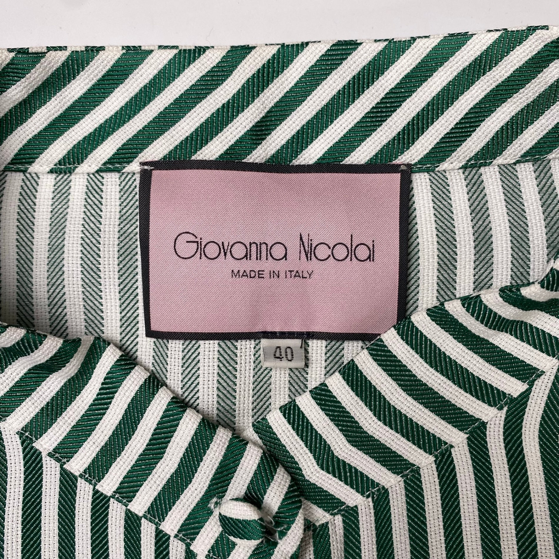 Giovanna Nicolai ジョバンナ ニコライ / ストライプフレアスリーブワンピース ホワイト×グリーン 参考定価：80,000程度 SIZE:40