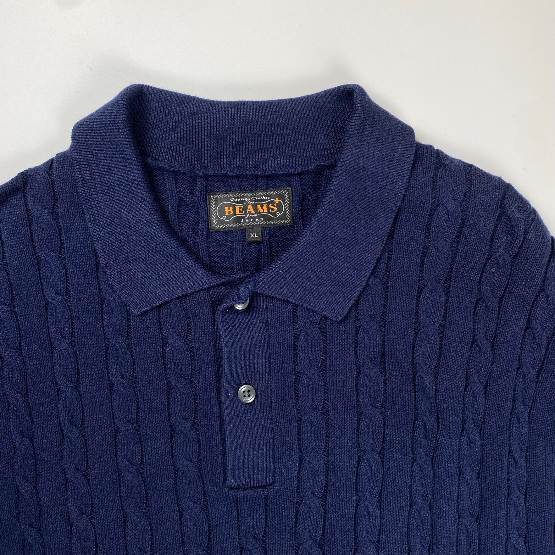 BEAMS PLUS ビームスプラス / Knit Polo Cable ニット ポロシャツ ネイビー 参考定価：15,000+tax SIZE：XL