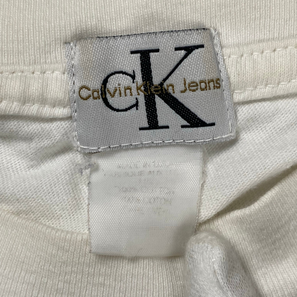 90s ck CALVIN KLEIN jeans カルバンクライン ジーンズ / CKロゴ ヴィンテージ 長袖Tシャツ ユニセックス ホワイト SIZE:M程度