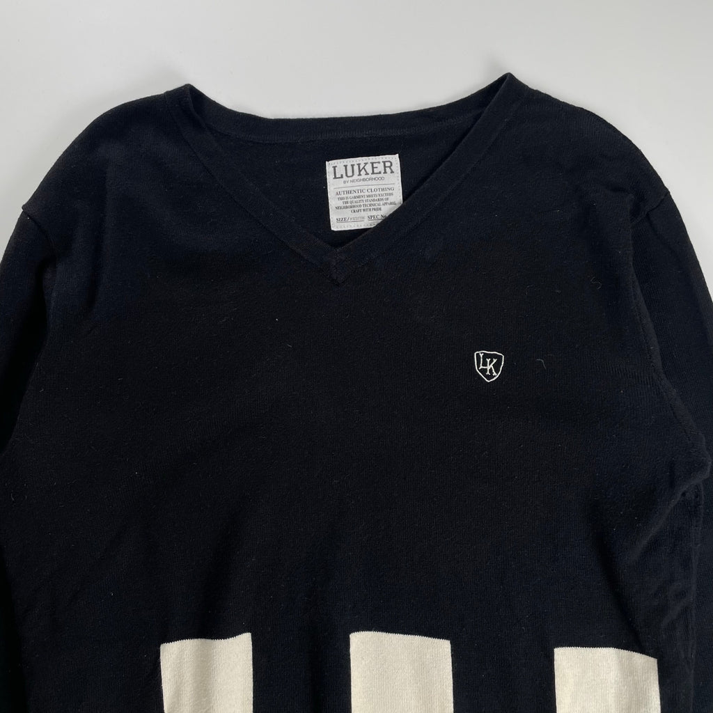 LUKER by NEIGHBORHOOD ルーカー バイ ネイバーフッド / Vネック チェッカーフラッグ柄ニット ブラック SIZE：M