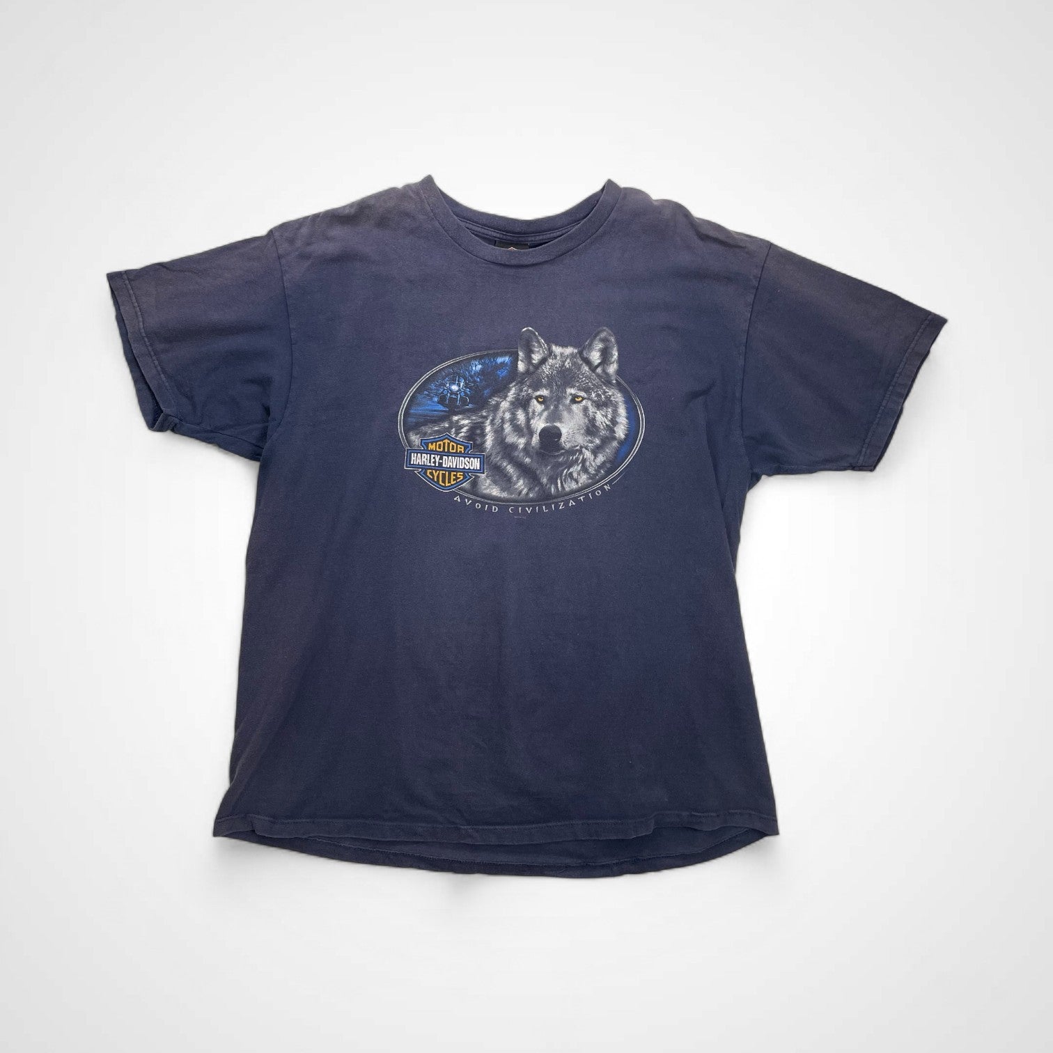 HARLEY DAVIDSON ハーレー ダビッドソン / ヴィンテージ ウルフ×ファイアーパターン バーアンドシールド Tシャツ サンフェード SIZE:2X