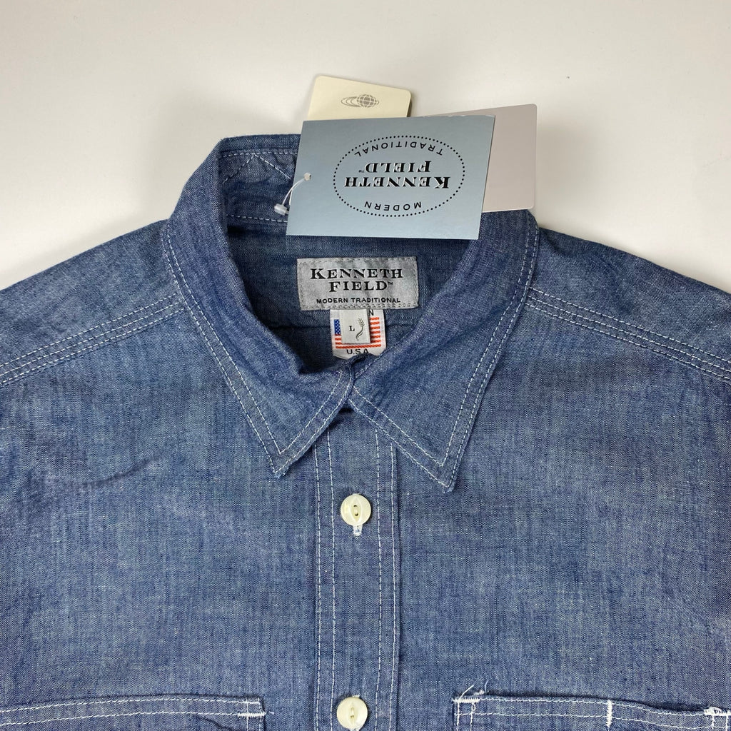 【極美品・タグ付】 KENNETH FIELD ケネスフィールド / CIGAR SHIRT シャンブレー トリプルステッチ チンストラップ マチ付 USA製 SIZE：L