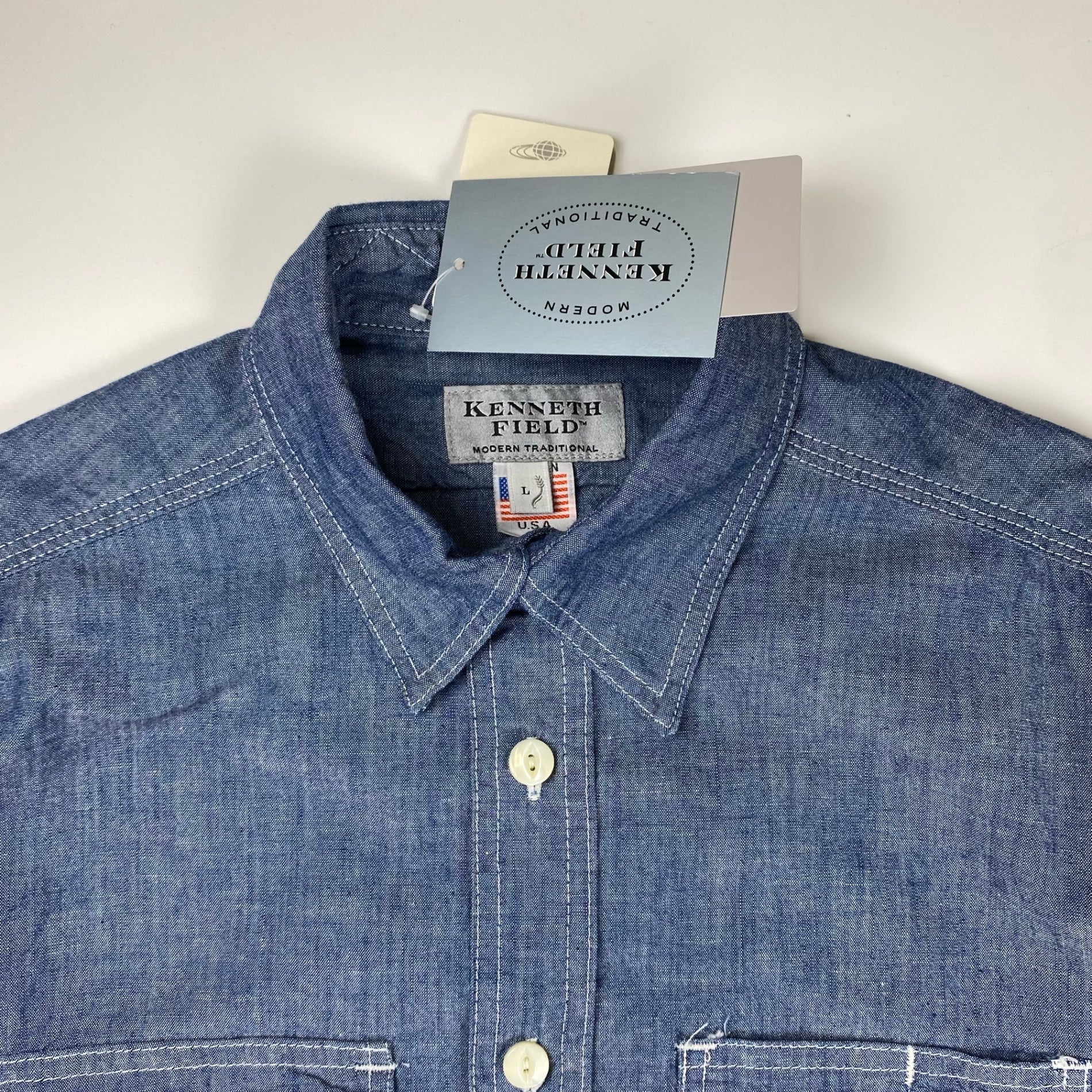 【極美品・タグ付】 KENNETH FIELD ケネスフィールド / CIGAR SHIRT シャンブレー トリプルステッチ チンストラップ マチ付 USA製 SIZE：L