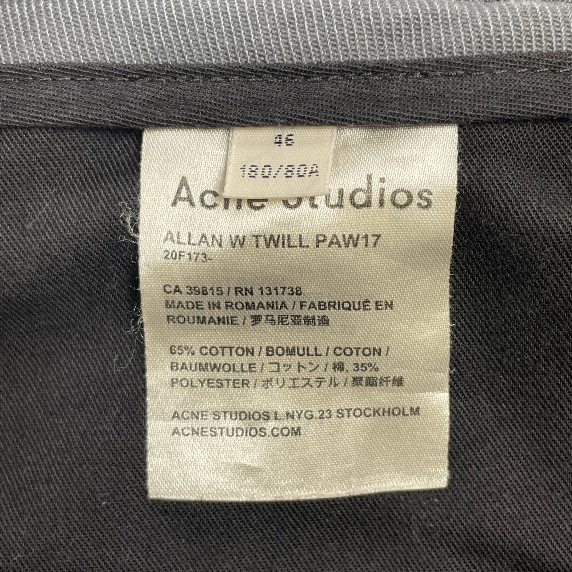 Acne Studios アクネ ストゥディオズ / ALLAN W TWILL ツイル テーパードパンツ 参考定価：30,000程度 SIZE:46