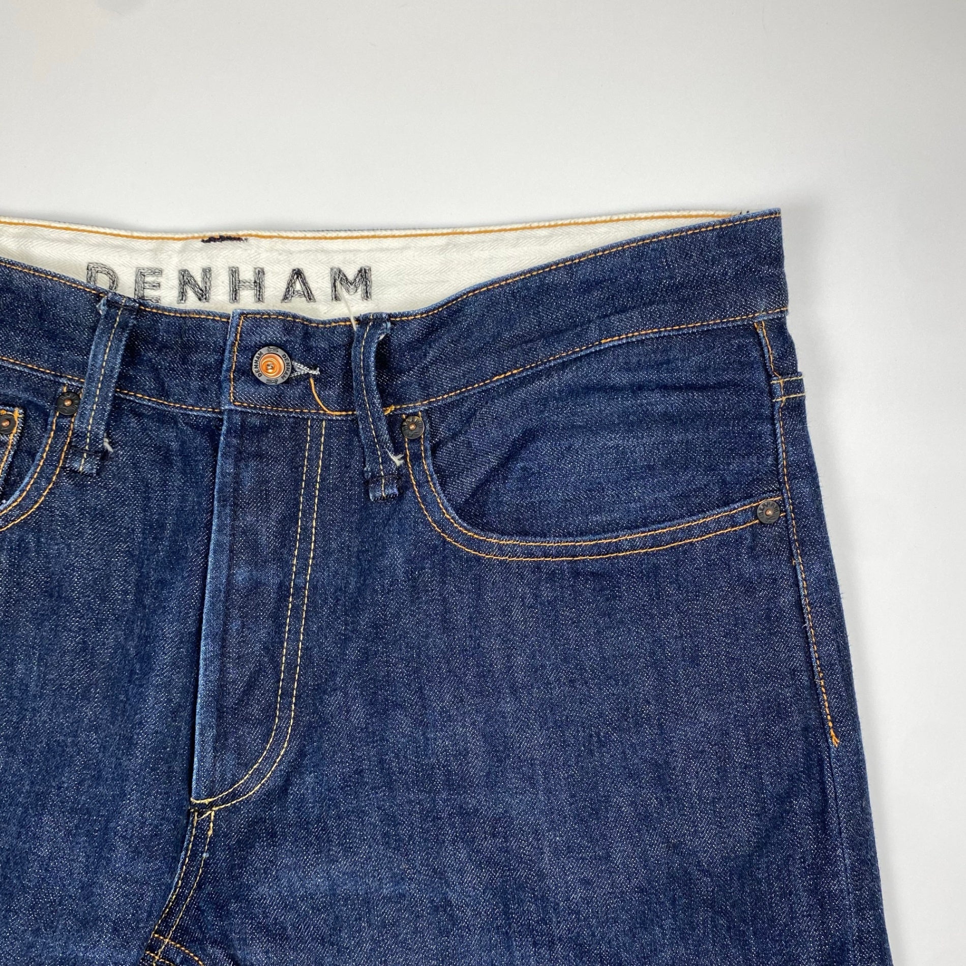 DENHAM デンハム / DRILL VJS regular fit denim pant デニムパンツ セルビッジ レザーパッチ ハサミスレキ 濃紺  SIZE:W34