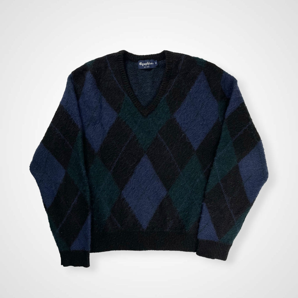 Gymphlex ジムフレックス / モヘヤMIXアーガイルVネック ネイビー×グリーン×ブラック 参考定価：16,000程度 SIZE：12