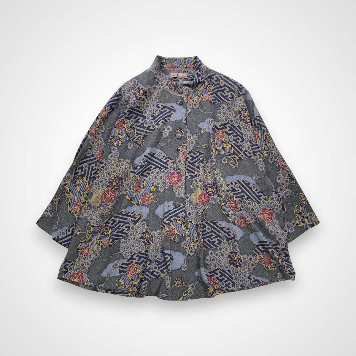 詩仙堂 SHISENDO COLLECTION / ちりめん ノーカラージャケット ブルー 日本製 参考定価：30,000程度 SIZE:FREE