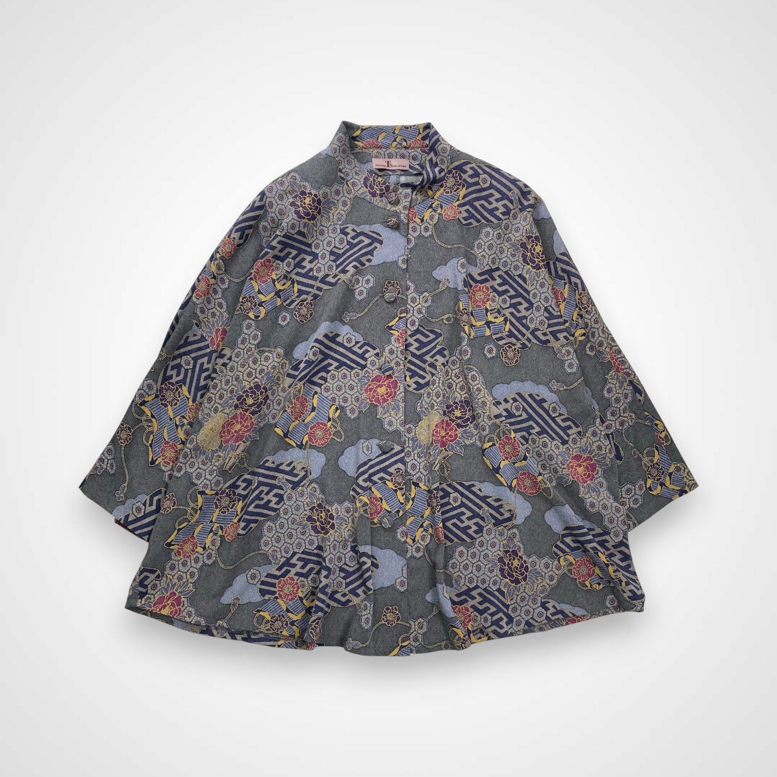 詩仙堂 SHISENDO COLLECTION / ちりめん ノーカラージャケット ブルー 日本製 参考定価：30,000程度 SIZE:FREE