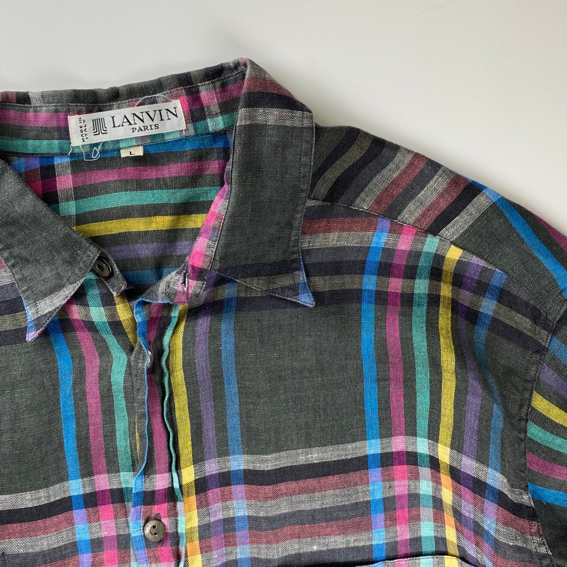 VINTAGE LANVIN PARIS ランバン パリ / リネン100％ チェック柄 ヴィンテージ シャツ MADE IN ITALY SIZE：L