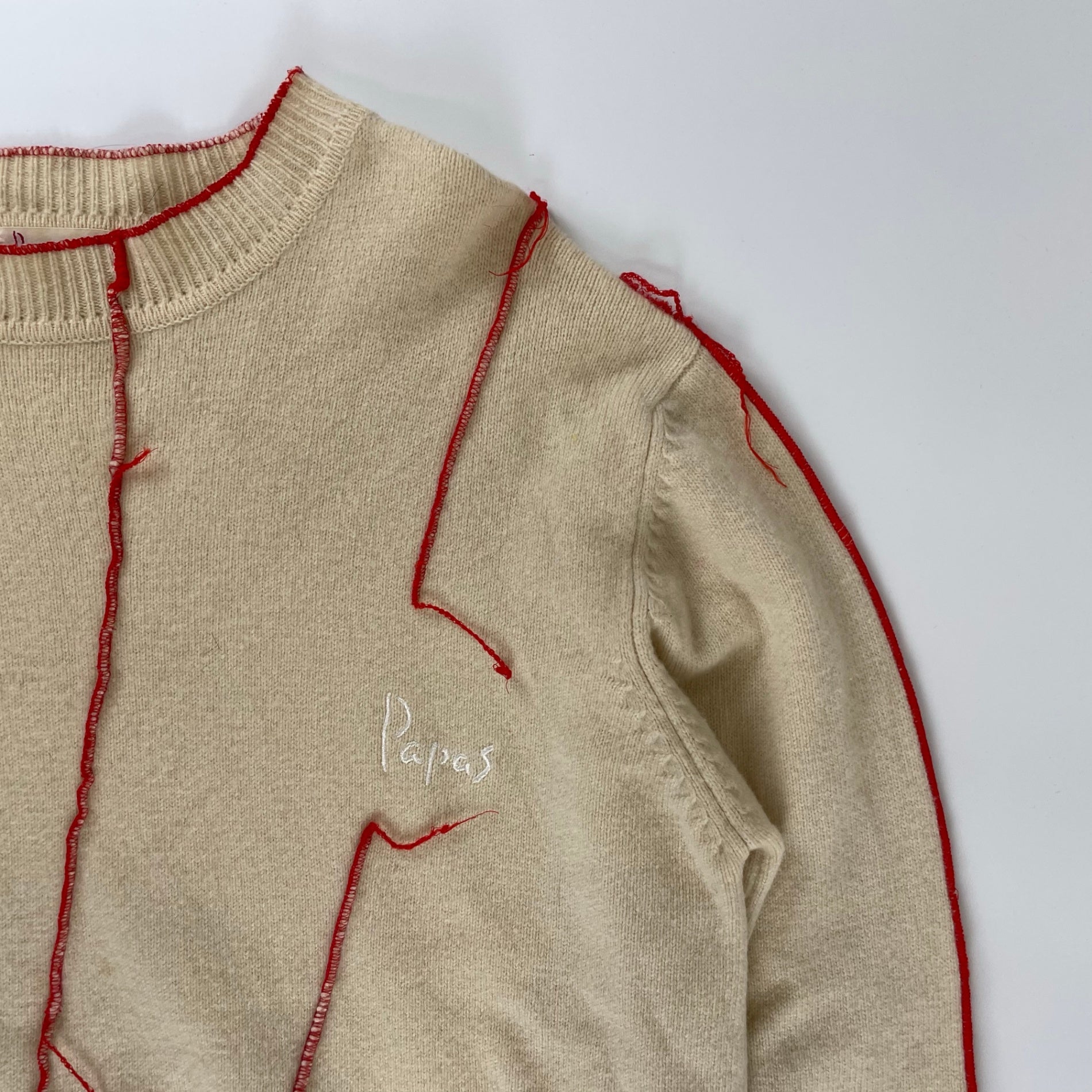 papas パパス /VINTAGE シームデザインラムウールニット オフホワイト×レッド SIZE：FREE