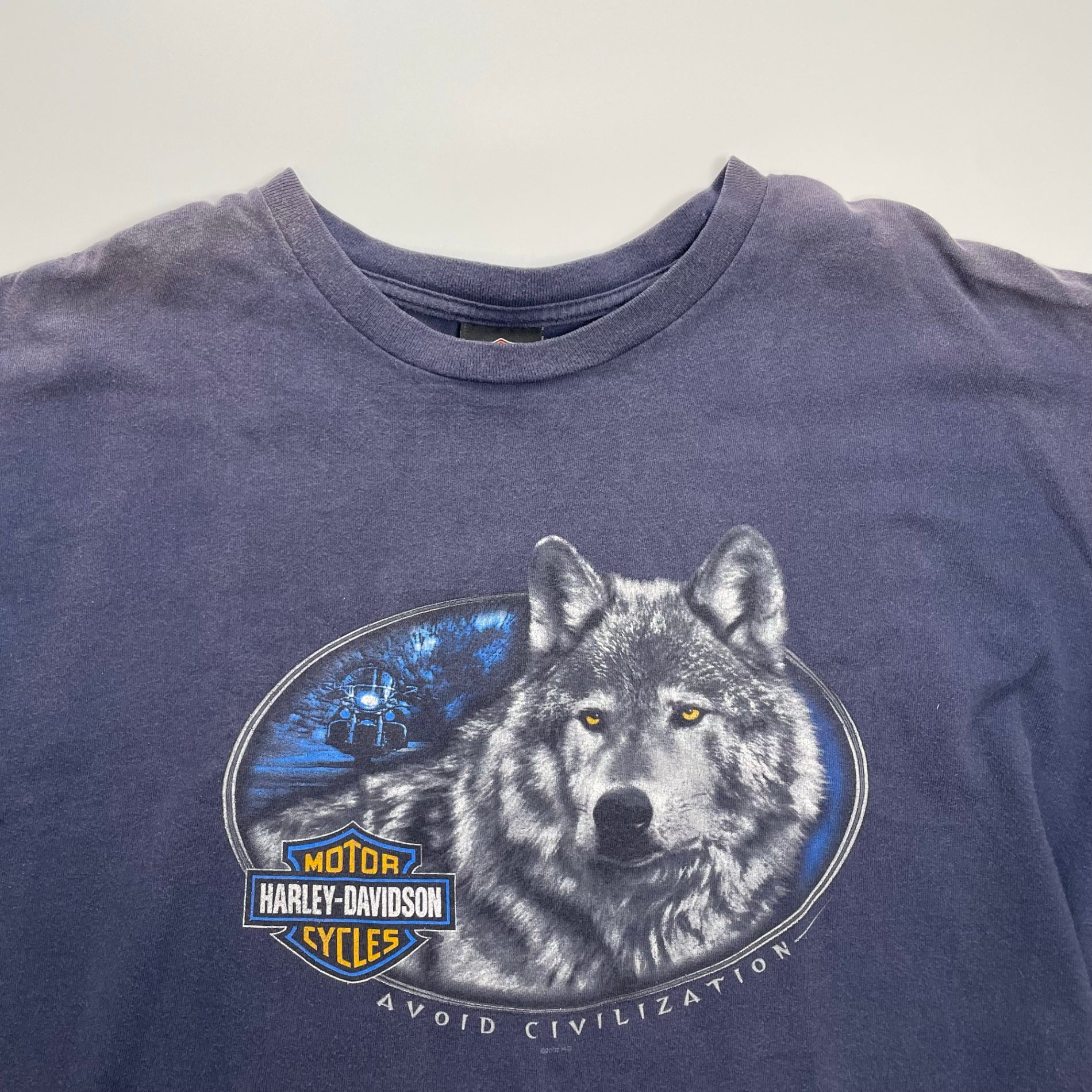 HARLEY DAVIDSON ハーレー ダビッドソン / ヴィンテージ ウルフ×ファイアーパターン バーアンドシールド Tシャツ サンフェード SIZE:2X