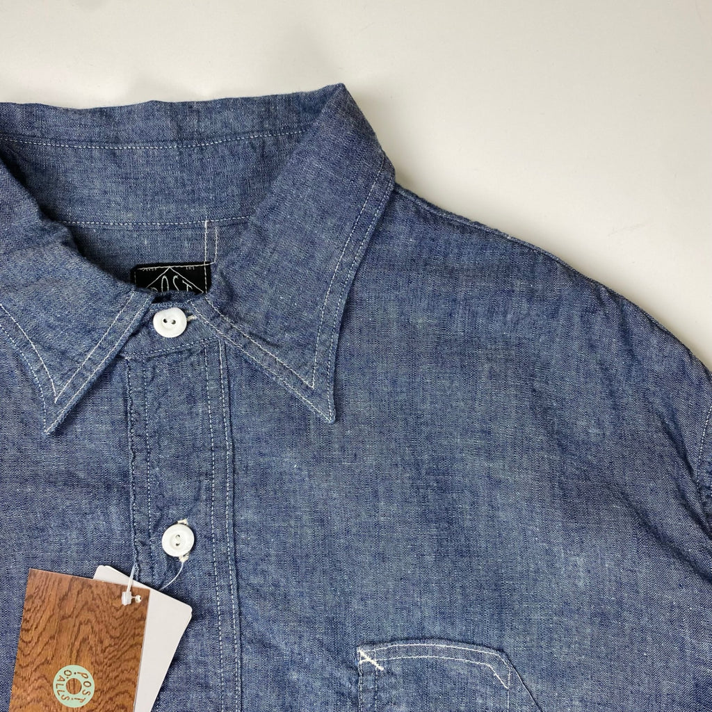 【極美品・タグ付】 POST OʼALLS ポストオーバーオールズ / POST NO.1 SHIRT classic chambray  チンストラップ ギャザー 参考定価：29,000+tax