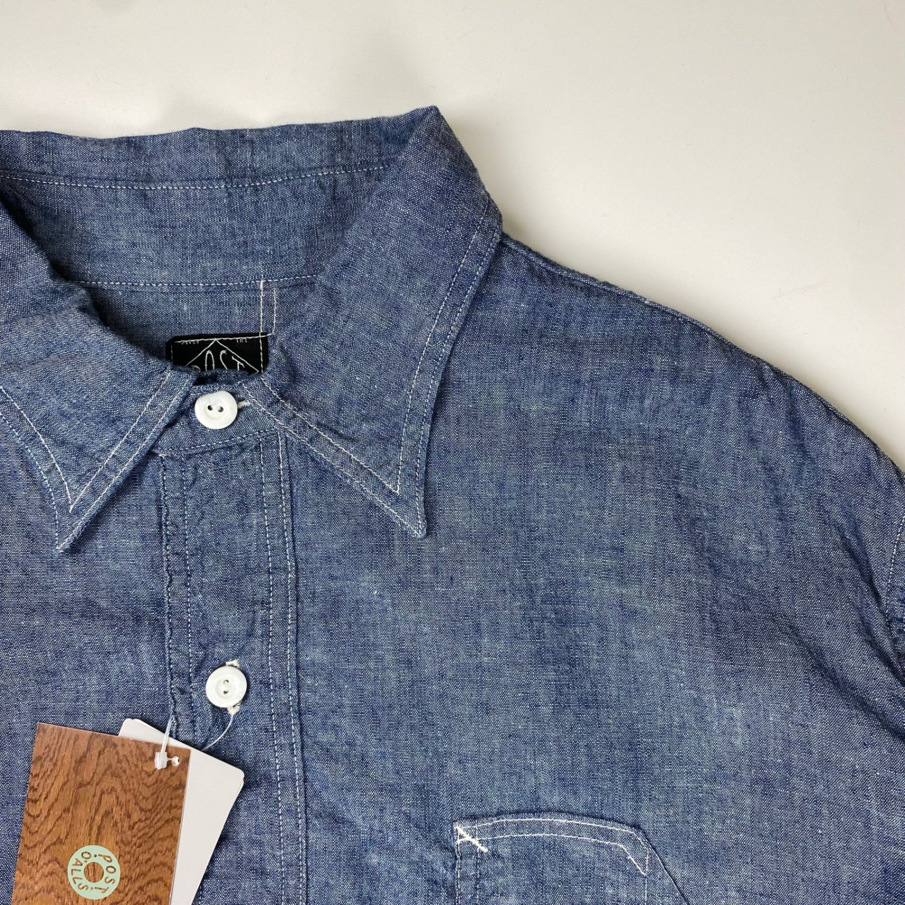 【極美品・タグ付】 POST OʼALLS ポストオーバーオールズ / POST NO.1 SHIRT classic chambray  チンストラップ ギャザー 参考定価：29,000+tax