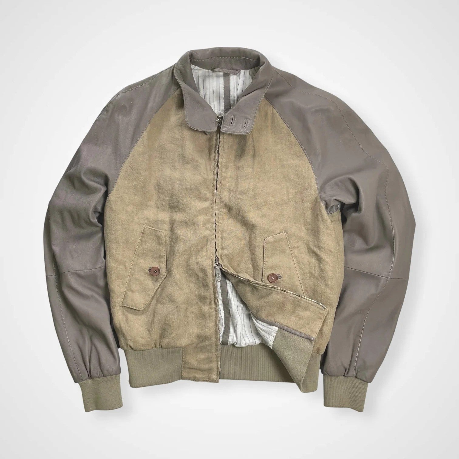 GIORGIO ARMANI ジョルジオ アルマーニ / ラムレザー×リネン 異素材MIX ハリントンジャケット ブルゾン G9タイプ 参考定価：300,000程度 SIZE:46