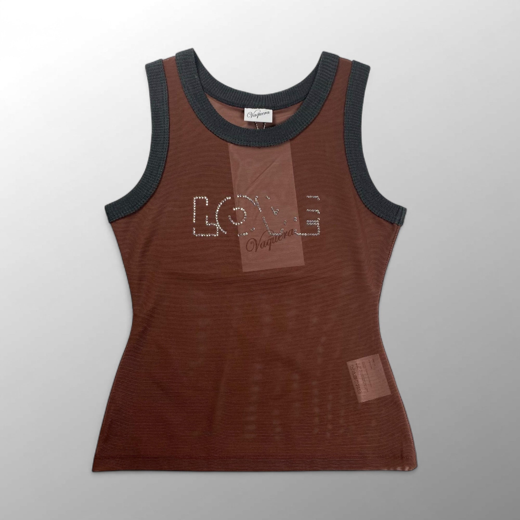 未使用  Vaquera ヴァケラ ユニセックス / ラインストーン「LOVE」ノースリーブ ブラウン 参考定価：183＄(27,000程度) SIZE:M