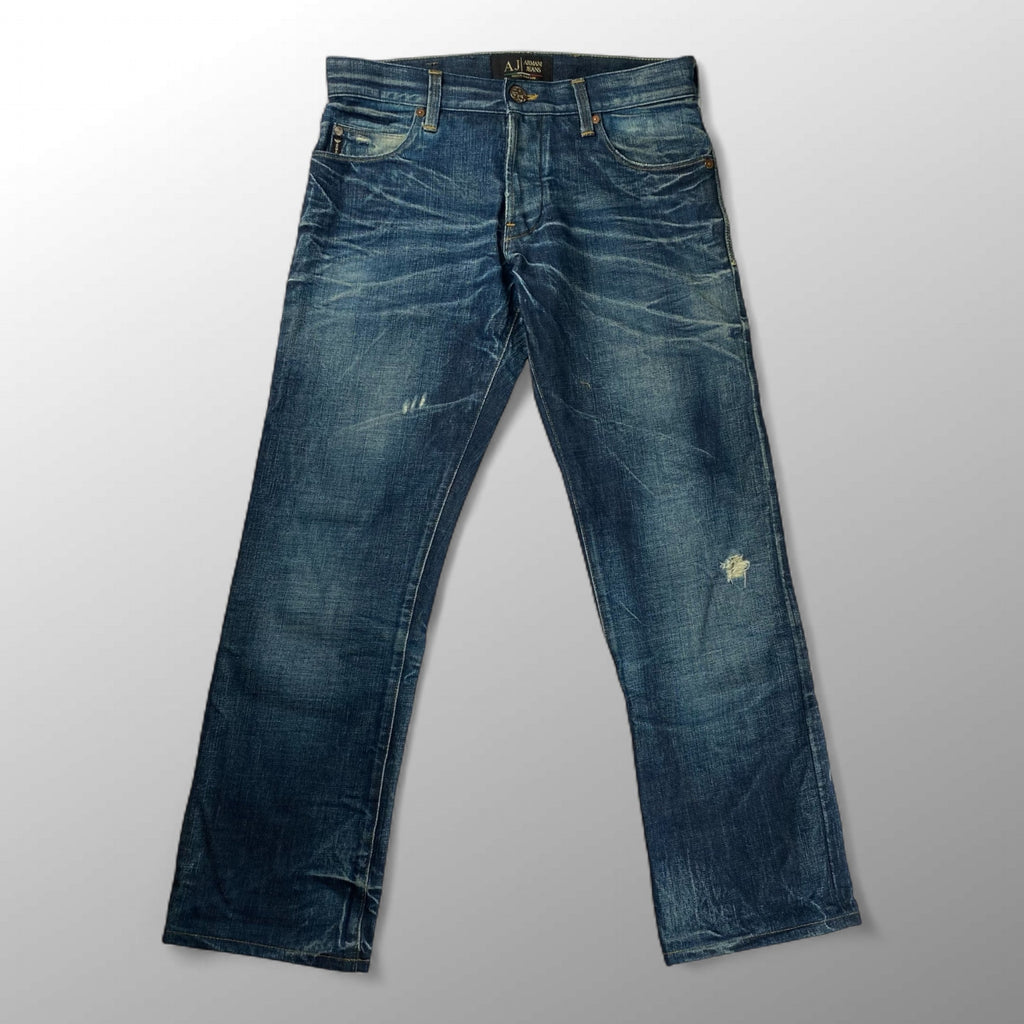 【プレミアム】 ARMANI JEANS DENIM CULTURE アルマーニジーンズ デニムカルチャー / ダメージ加工 デニムパンツ エンブレム セルビッジ 参考定価：60,000程度 SIZE:W29