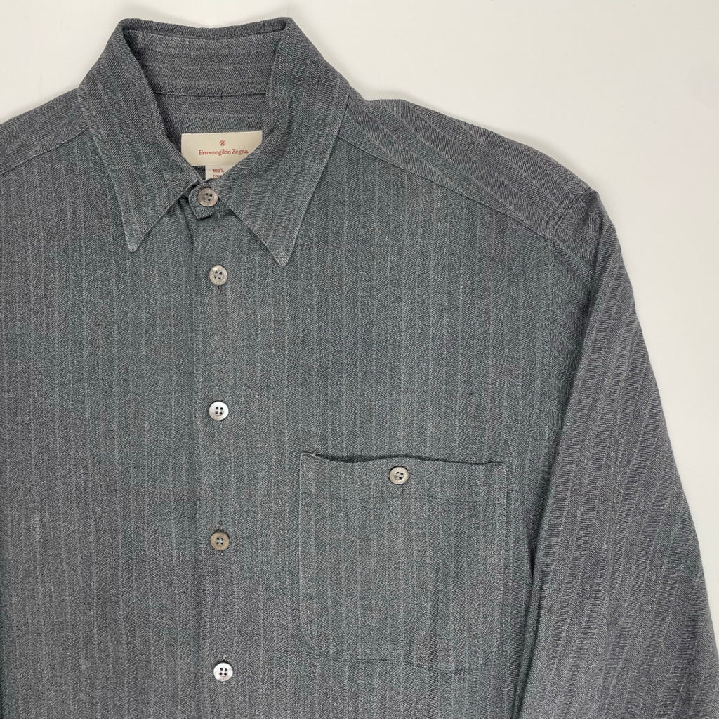 Ermenegildo Zegna エルメネジルドゼニア / コットンヘリンボーンシャツ 貝ボタン SIZE:S