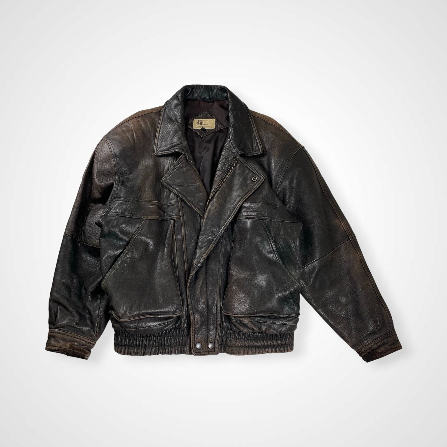 裏地総柄 短丈 レザー ジャケット 濃茶 ヴィンテージ ヴィンテージ 激渋 本革 レザージャケット 裏地総柄 黒 短丈 肩パッド