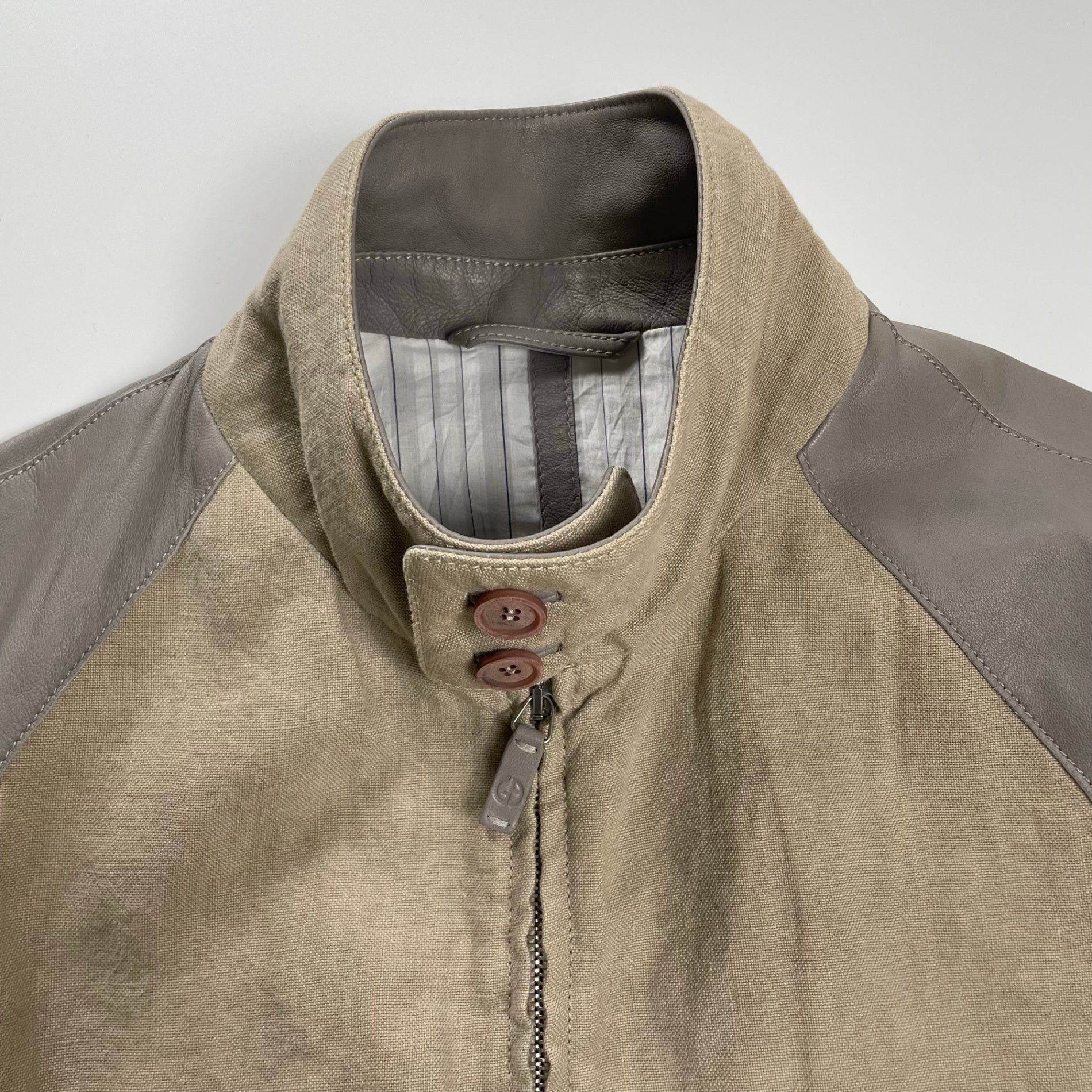 GIORGIO ARMANI ジョルジオ アルマーニ / ラムレザー×リネン 異素材MIX ハリントンジャケット ブルゾン G9タイプ 参考定価：300,000程度 SIZE:46