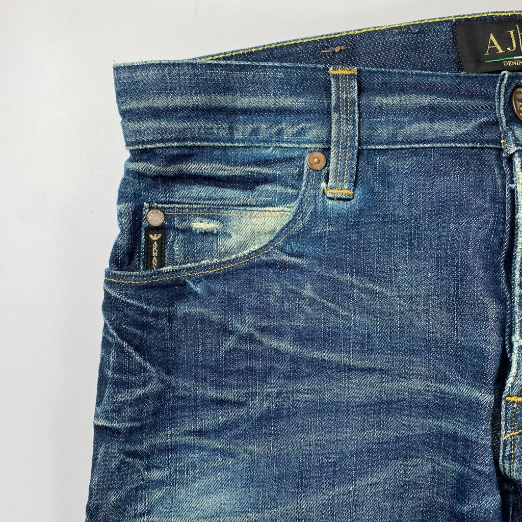 【プレミアム】 ARMANI JEANS DENIM CULTURE アルマーニジーンズ デニムカルチャー / ダメージ加工 デニムパンツ エンブレム セルビッジ 参考定価：60,000程度 SIZE:W29