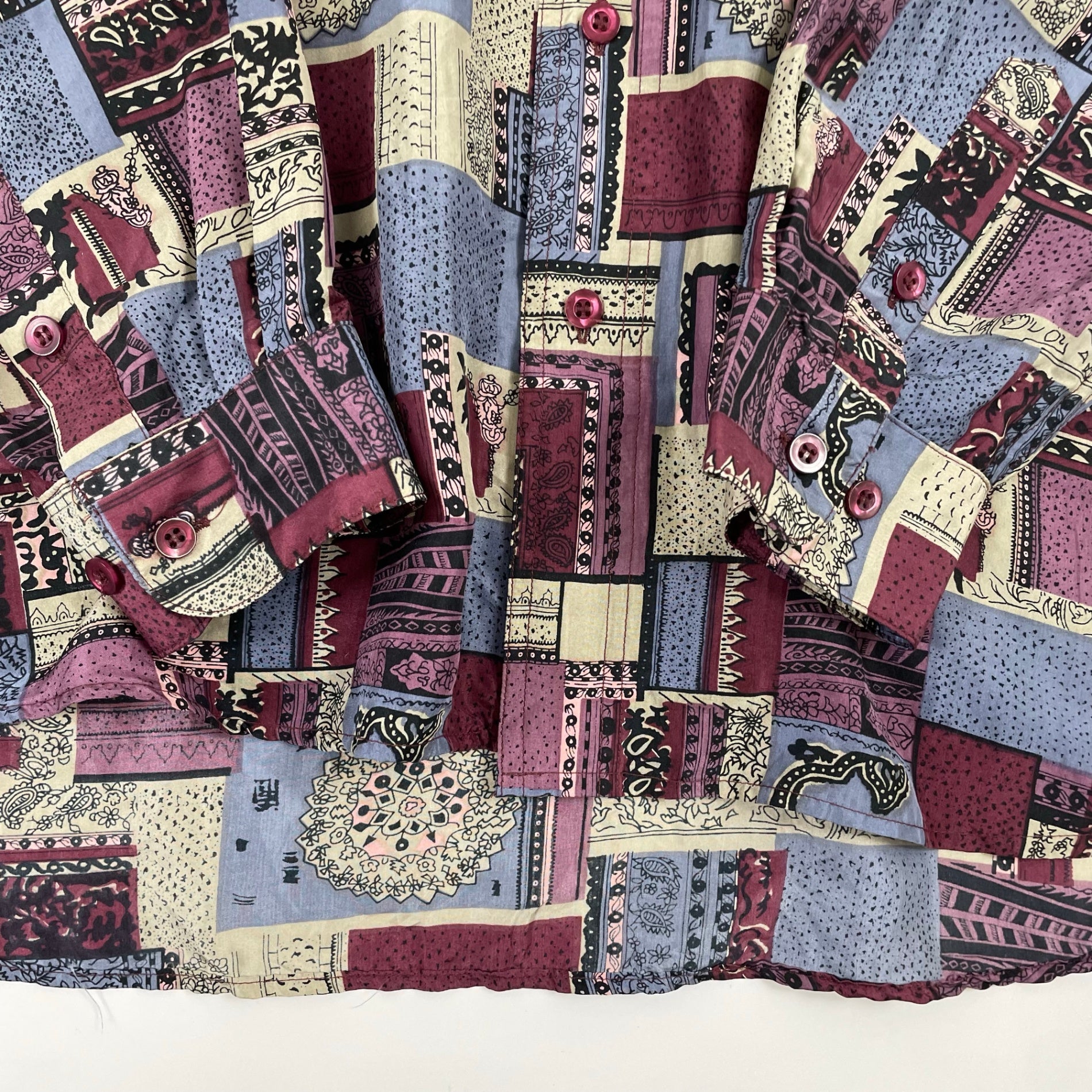 FIONA MACPHAIL / UKパッチワーク柄シルクシャツ モッズ 参考定価：18,000程度 SIZE:L