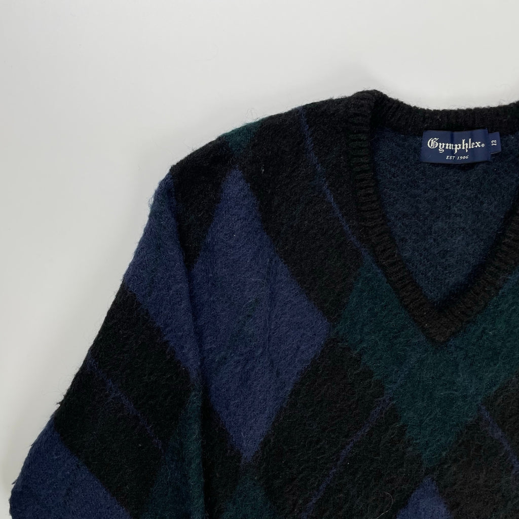 Gymphlex ジムフレックス / モヘヤMIXアーガイルVネック ネイビー×グリーン×ブラック 参考定価：16,000程度 SIZE：12