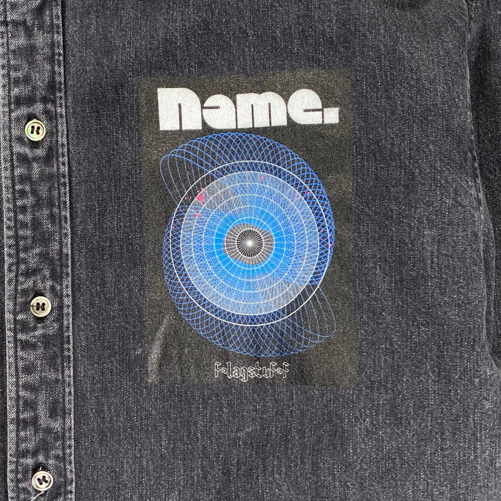 name. × FLAGSTAFF ネーム フラグスタフ / DENIM SHIRT コラボ グラフィックプリント デニムシャツ ブラック 参考定価：33,000+tax SIZE:2(FREE SIZE)