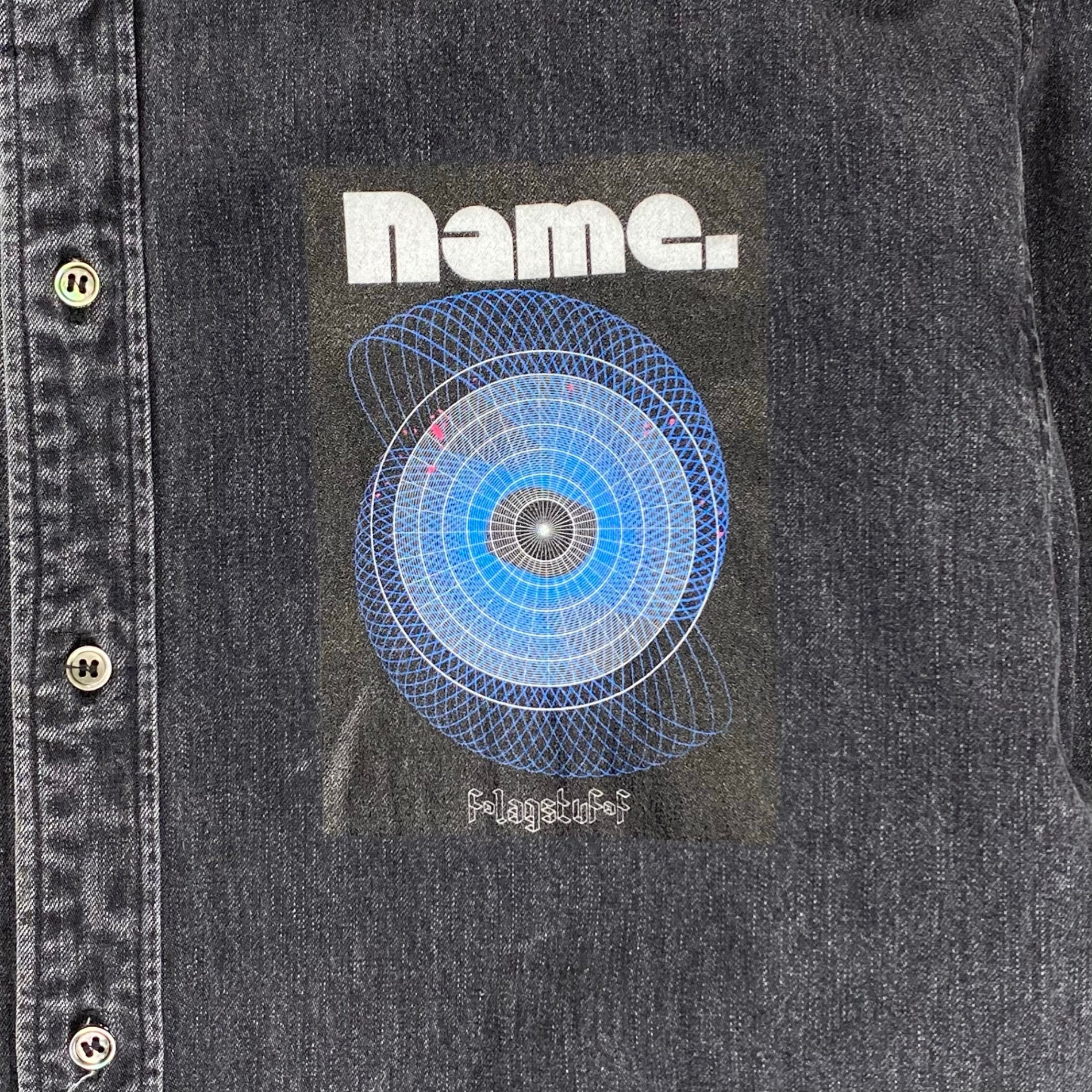 name. × FLAGSTAFF ネーム フラグスタフ / DENIM SHIRT コラボ グラフィックプリント デニムシャツ ブラック 参考定価：33,000+tax SIZE:2(FREE SIZE)
