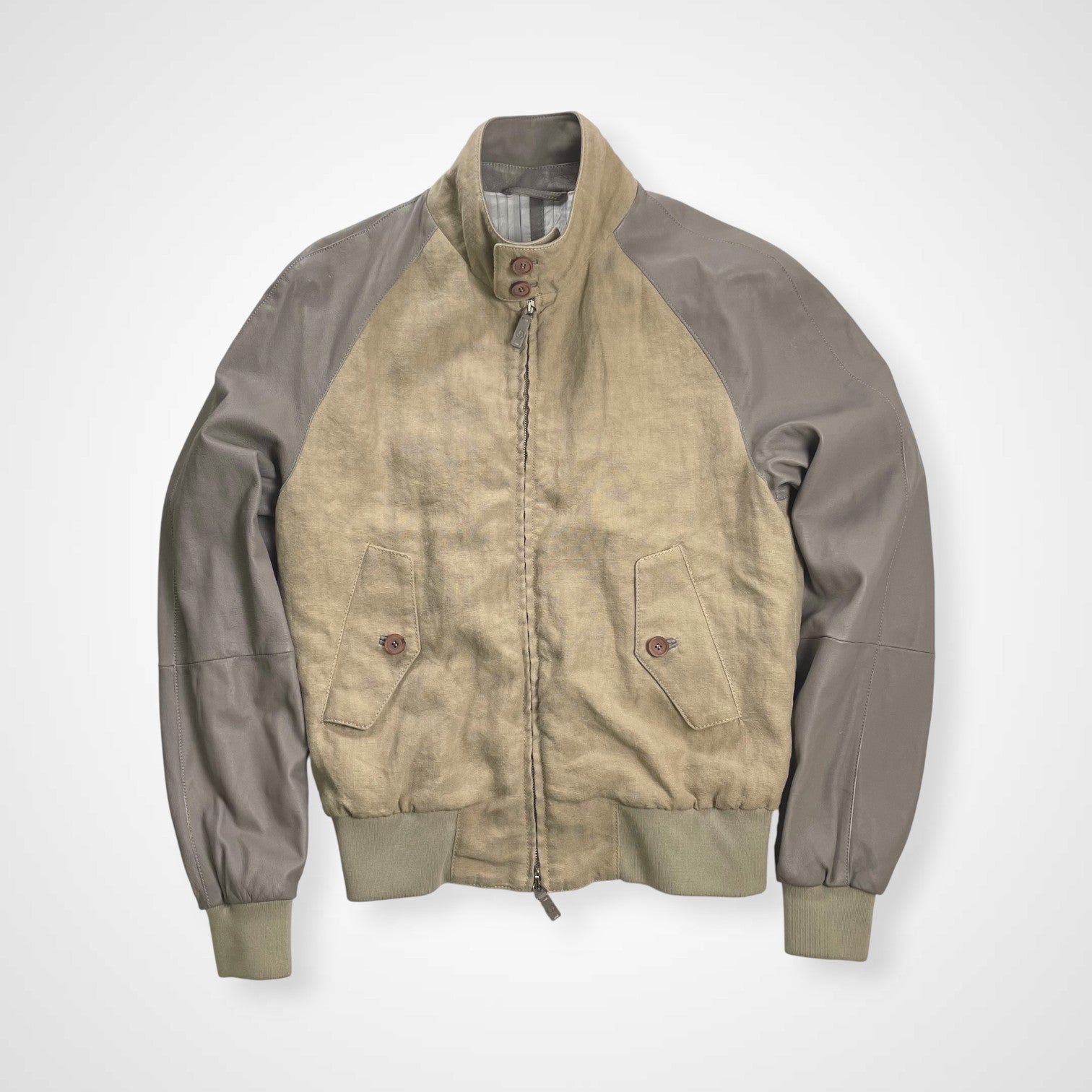 GIORGIO ARMANI ジョルジオ アルマーニ / ラムレザー×リネン 異素材MIX ハリントンジャケット ブルゾン G9タイプ 参考定価：300,000程度 SIZE:46