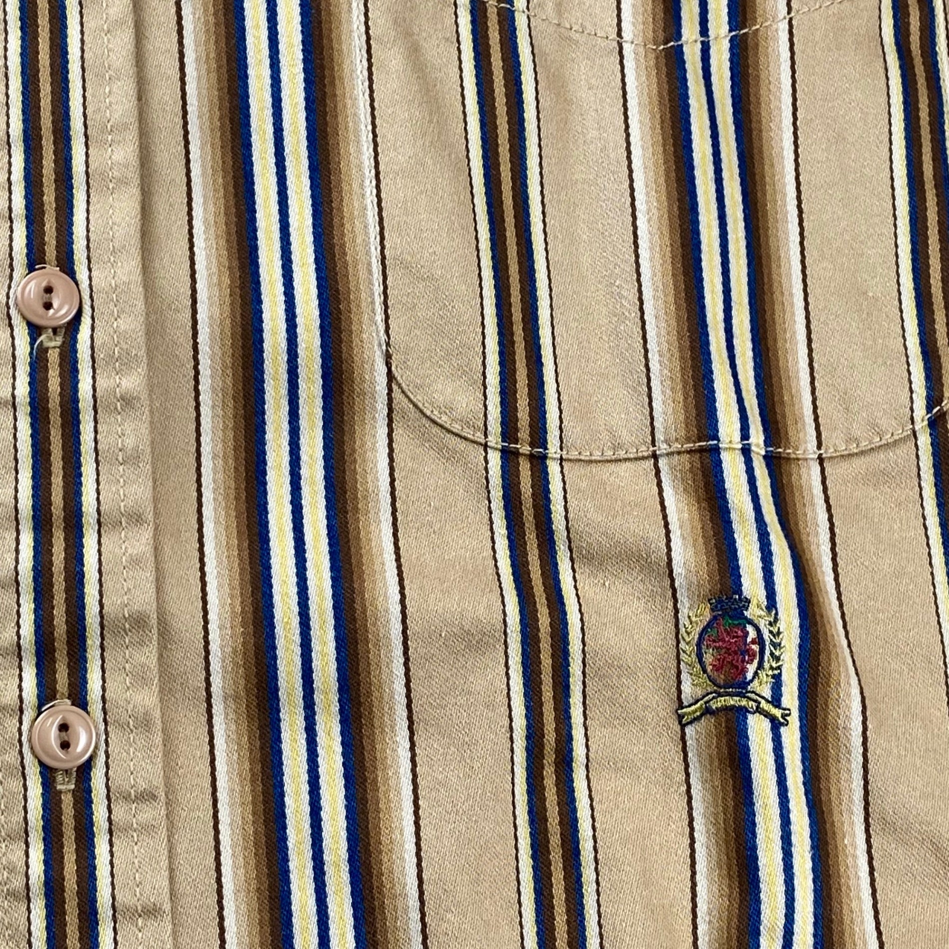 90s OLD TOMMY HILFIGER トミーヒルフィガー / ストライプ  ビッグシルエットシャツ ノーカラー バンドカラー エンブレム  SIZE：L（XXL程度）