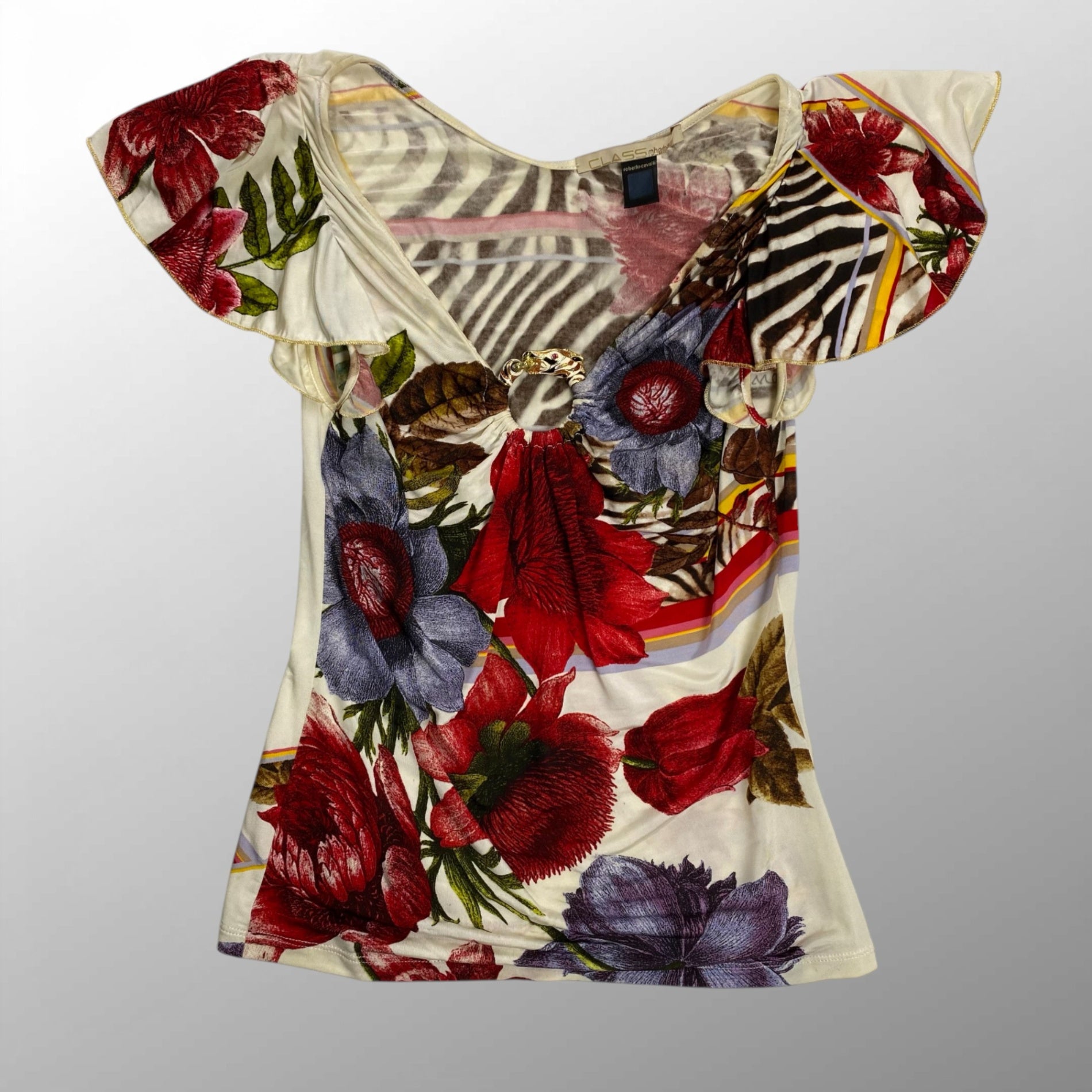 CLASS roberto cavalli クラス ロベルトカヴァリ / ボタニカルデザインカットソー ゼブラモチーフ金具 SIZE：42