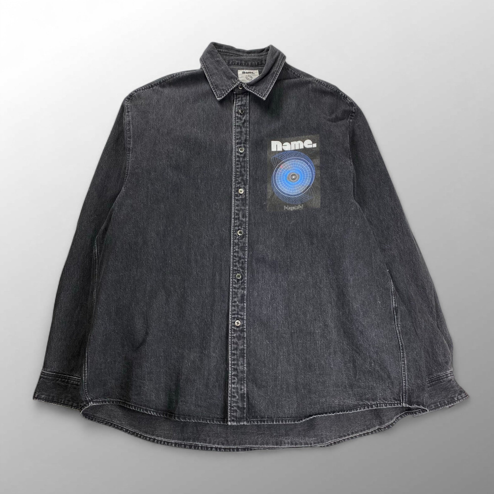 name. × FLAGSTAFF ネーム フラグスタフ / DENIM SHIRT コラボ グラフィックプリント デニムシャツ ブラック 参考定価：33,000+tax SIZE:2(FREE SIZE)