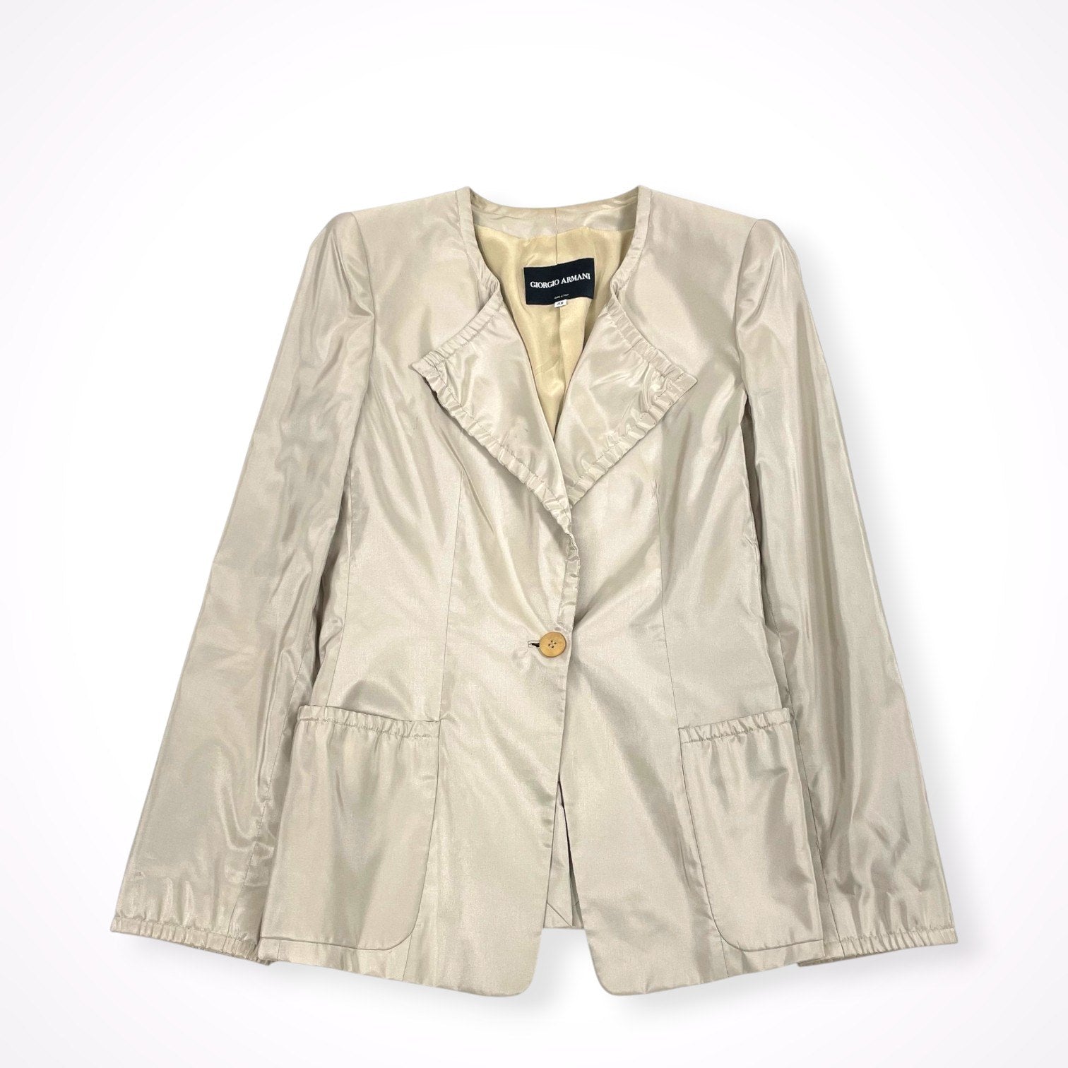 GIORGIO ARMANI / シルクMIX1Bフリルジャケット BORGO21製 参考定価：250,000程度 SIZE:38
