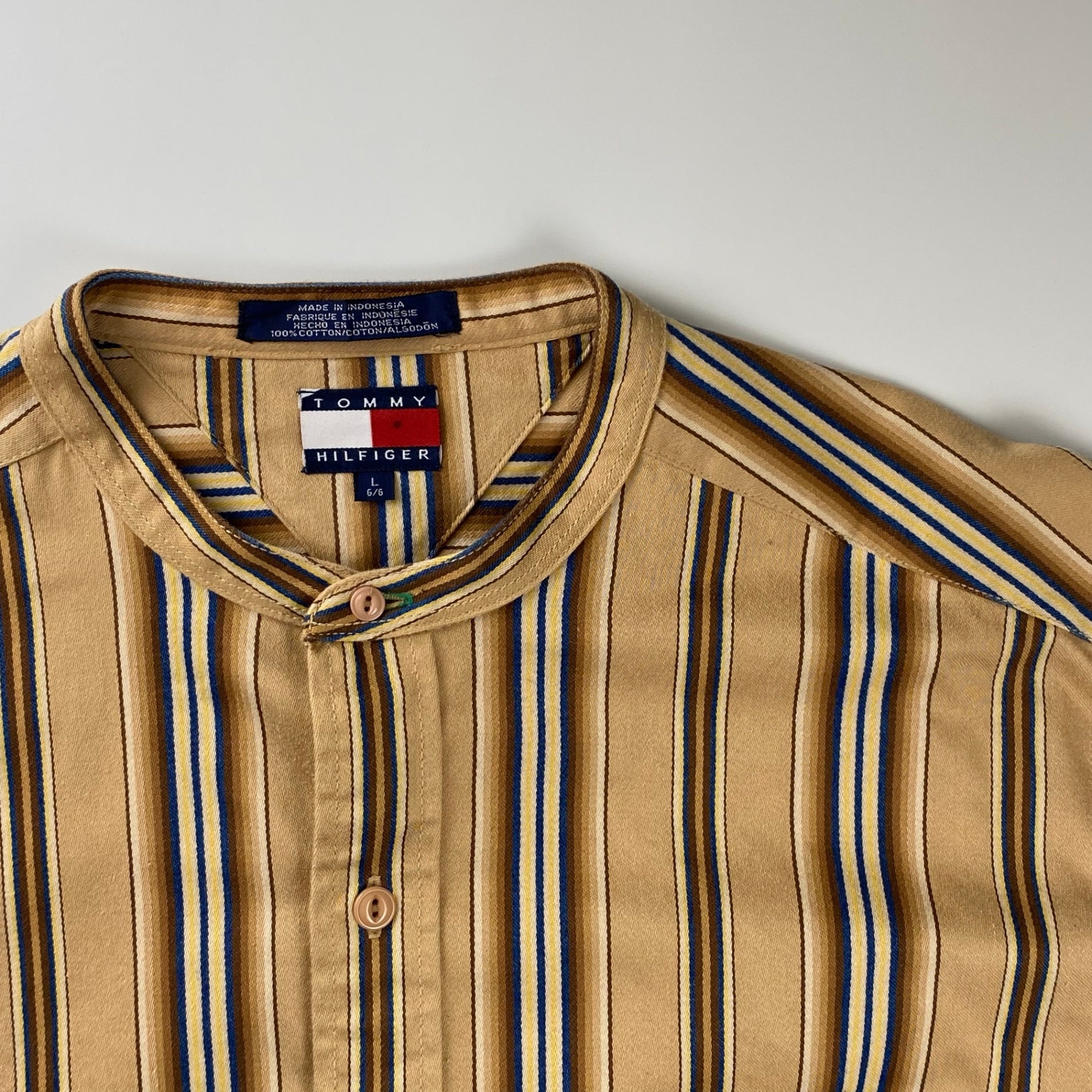 90s OLD TOMMY HILFIGER トミーヒルフィガー / ストライプ  ビッグシルエットシャツ ノーカラー バンドカラー エンブレム  SIZE：L（XXL程度）